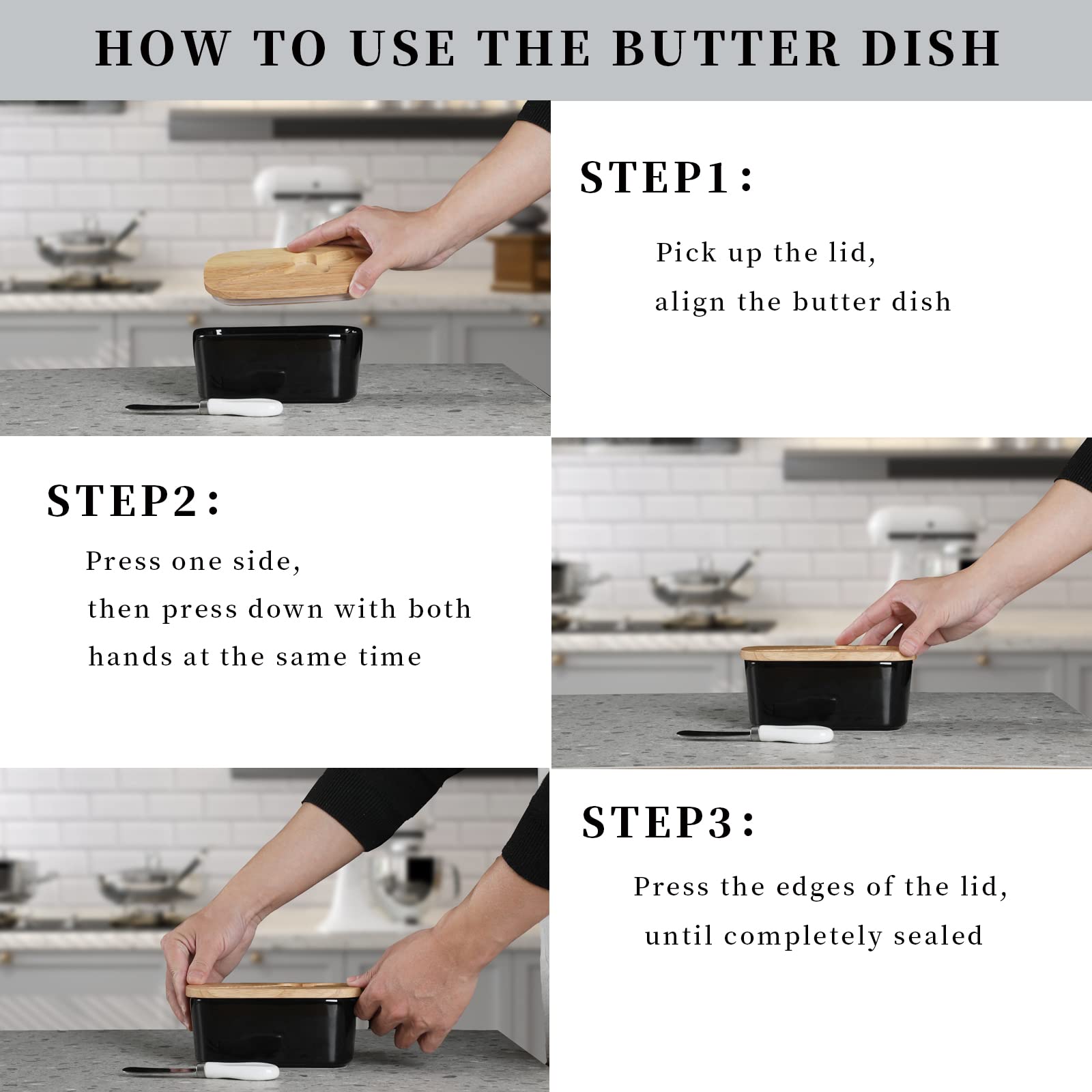 Premium Large Ceramic Butter Dish with Silicone Seal - Natural Wood Lid & Stainless Steel Butter Knife Included | Elegant Kitchen Decor & Practical Countertop Butter Keeper | Perfect Housewarming Gift & Wedding Present (Black) | Ideal for Breakfast Bars, Coffee Stations & Farmhouse-Style Kitchens