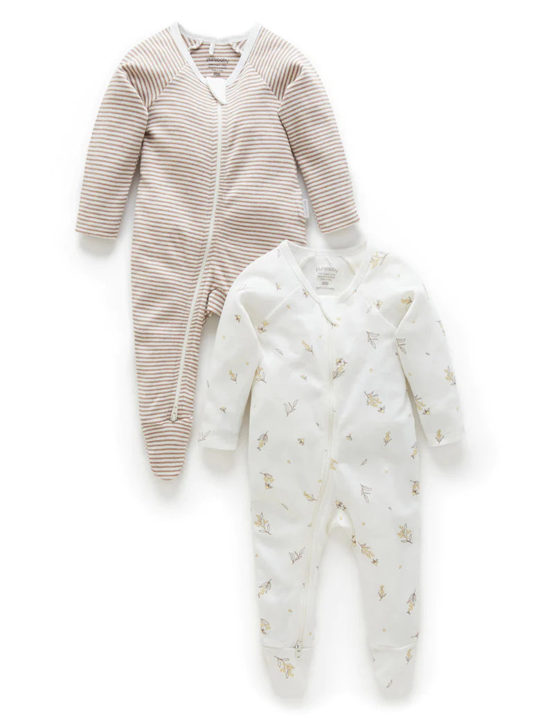 Purebaby Organic Cotton Zip Growsuit 2-Pack - Vanilla Wattle Bee Print | Soft Baby Sleepwear for Newborns & Infants | Perfect for Daycare, Playtime & Comfortable Sleep