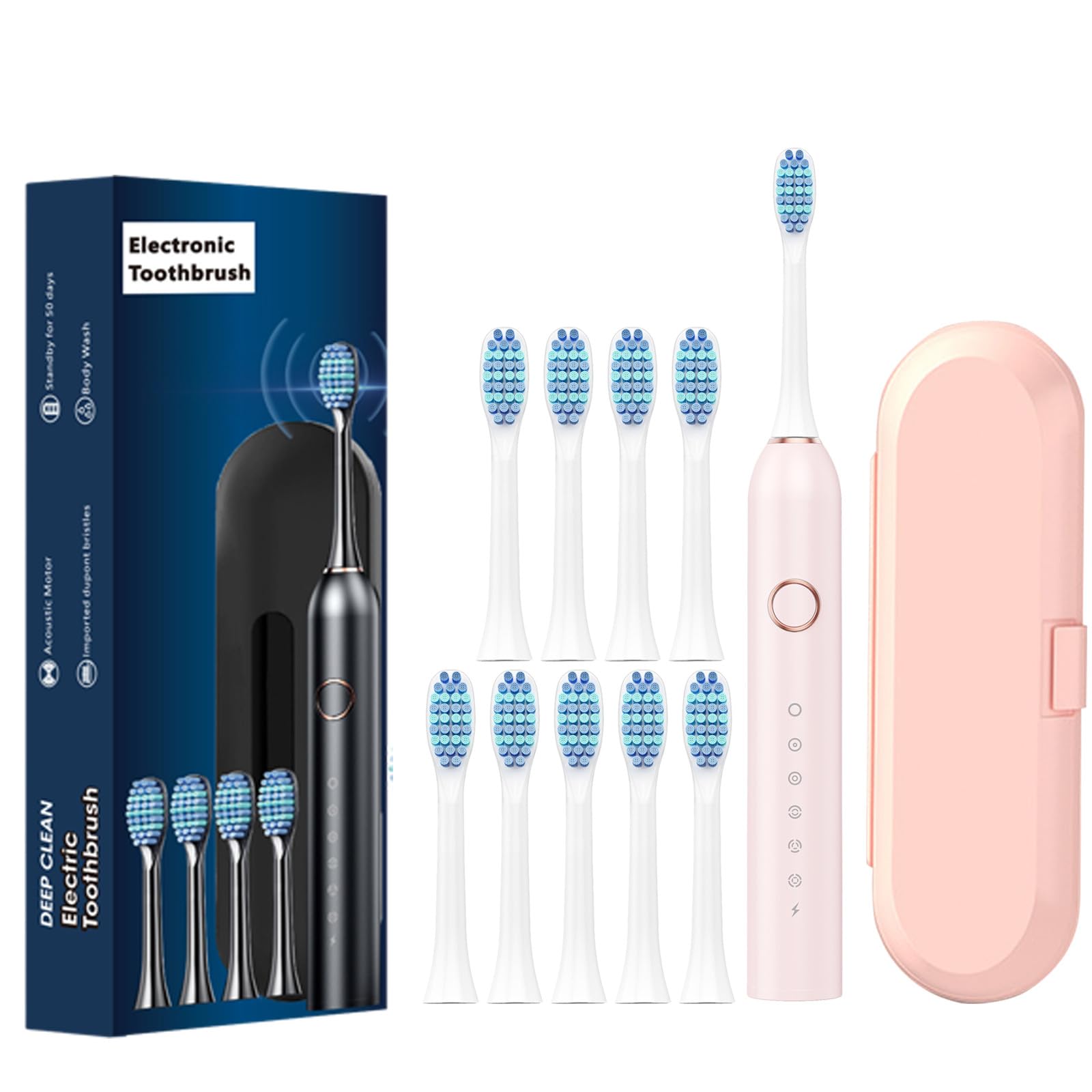 KCavykas Upgraded Electric Toothbrush - 10 Replacement Brush Heads, 6 Cleaning Modes, Fast Charging & Long Battery Life - Perfect for Home, Travel & Outdoor Use (Pink)