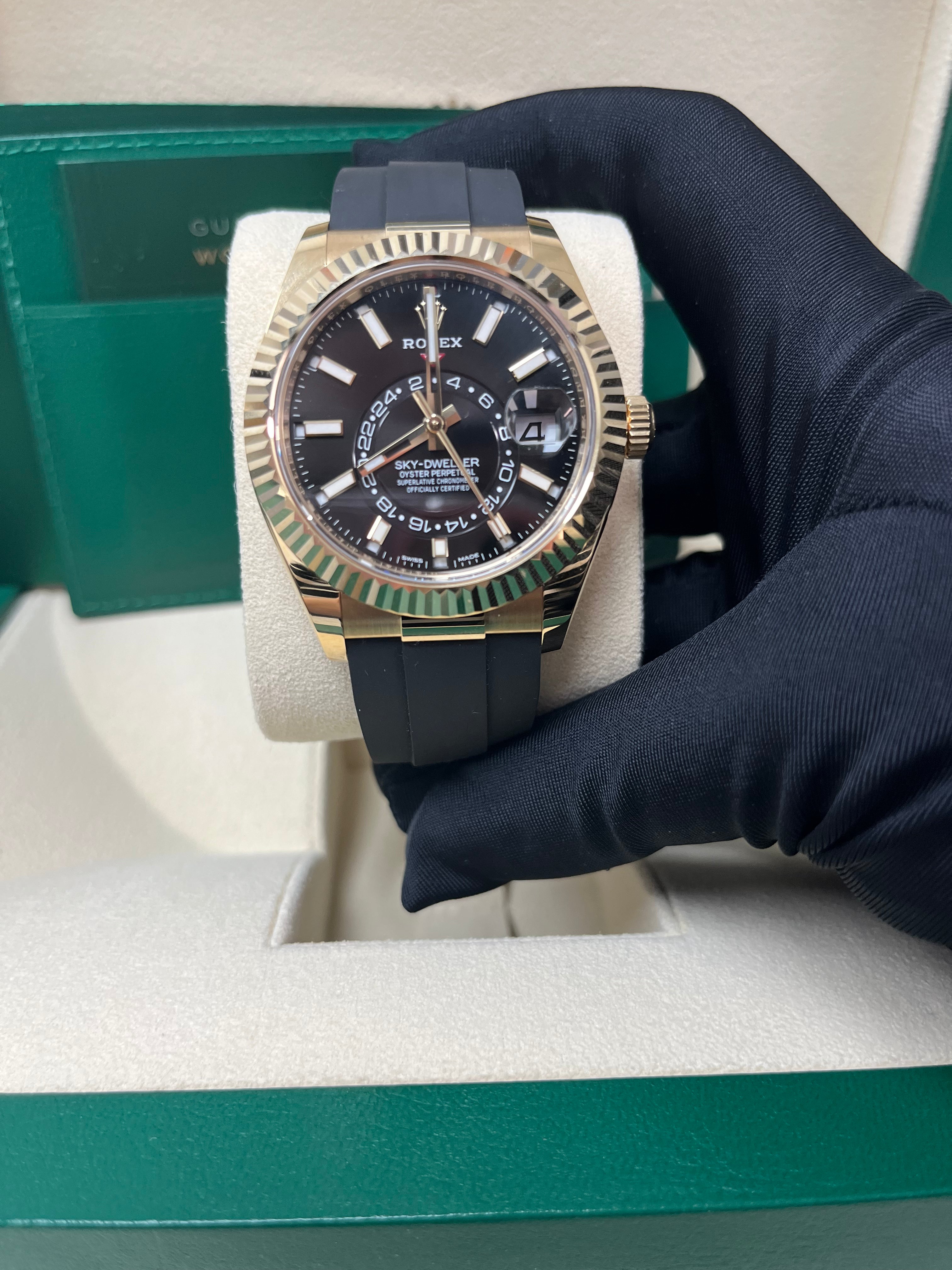 Rolex Sky-Dweller 18K Yellow Gold Watch with Black Index Dial & Oysterflex Bracelet (Ref# 326238) - Luxury Timepiece for Business Travelers & Watch Collectors