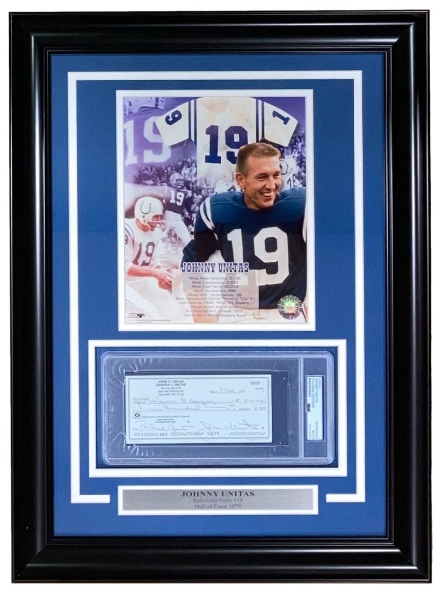 Johnny Unitas Baltimore Colts Autographed Framed Bank Check #6609 PSA Certified - Perfect for Sports Memorabilia Collectors and NFL Fans Display