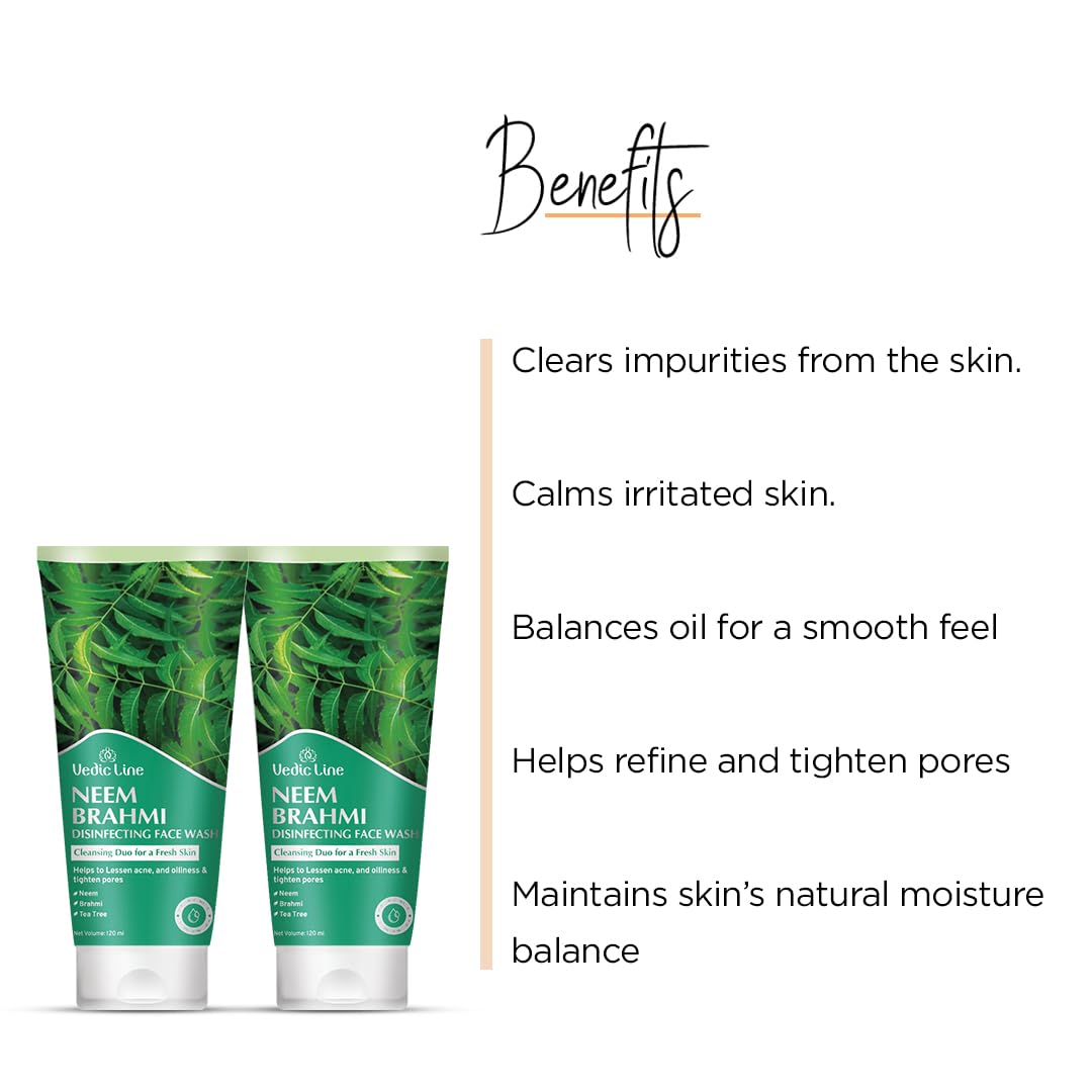 Vedic Line Neem & Brahmi Disinfecting Face Wash for Oily Skin - Controls Acne & Pimples, Refreshes Skin - Pack of 2 (120ml x 2) - Perfect for Daily Skincare Routine & Valentine's Day Gifts