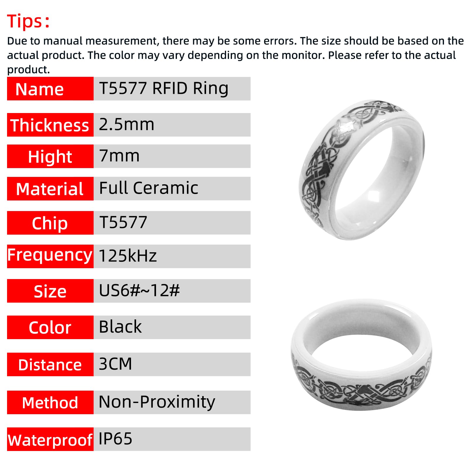 T5577 RFID 125kHz Rewritable Ceramic Ring with Dragon Design - Clone EM4100 Cards for Cabinet Locks & Key Access (White, Size US9) - Perfect for Home Security, Office Access Control & Hotel Key Cards