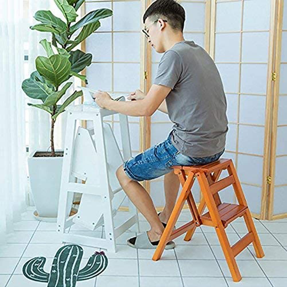 XHALERY 3-Tier Foldable Wooden Step Stool for Home, Portable Indoor Ladder Stool with Non-Slip Steps - White (Perfect for Kitchen, Bathroom & Kids' Room)