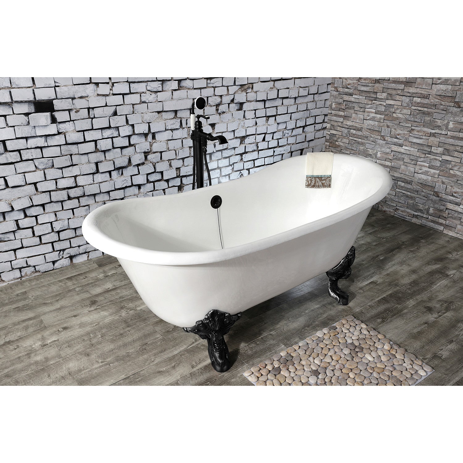 Aqua Eden 67 Inch White Matte Black Cast Iron Oval Double Slipper Clawfoot Bathtub (No Faucet Drillings) - Vintage Freestanding Soaking Tub for Luxury Bathroom & Spa Retreat