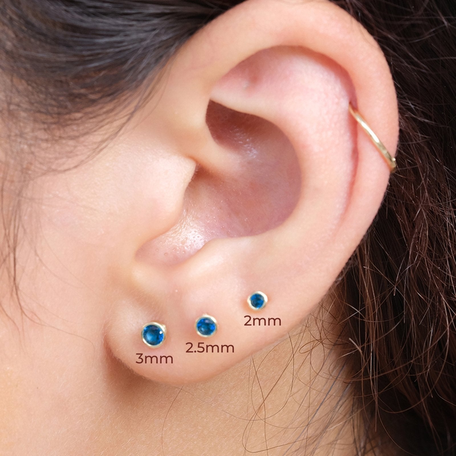 14K Yellow Gold Round Blue Topaz Stud Earrings - Bezel Set Flat Back for Comfort - Perfect for Everyday Wear, Gifts & Special Occasions