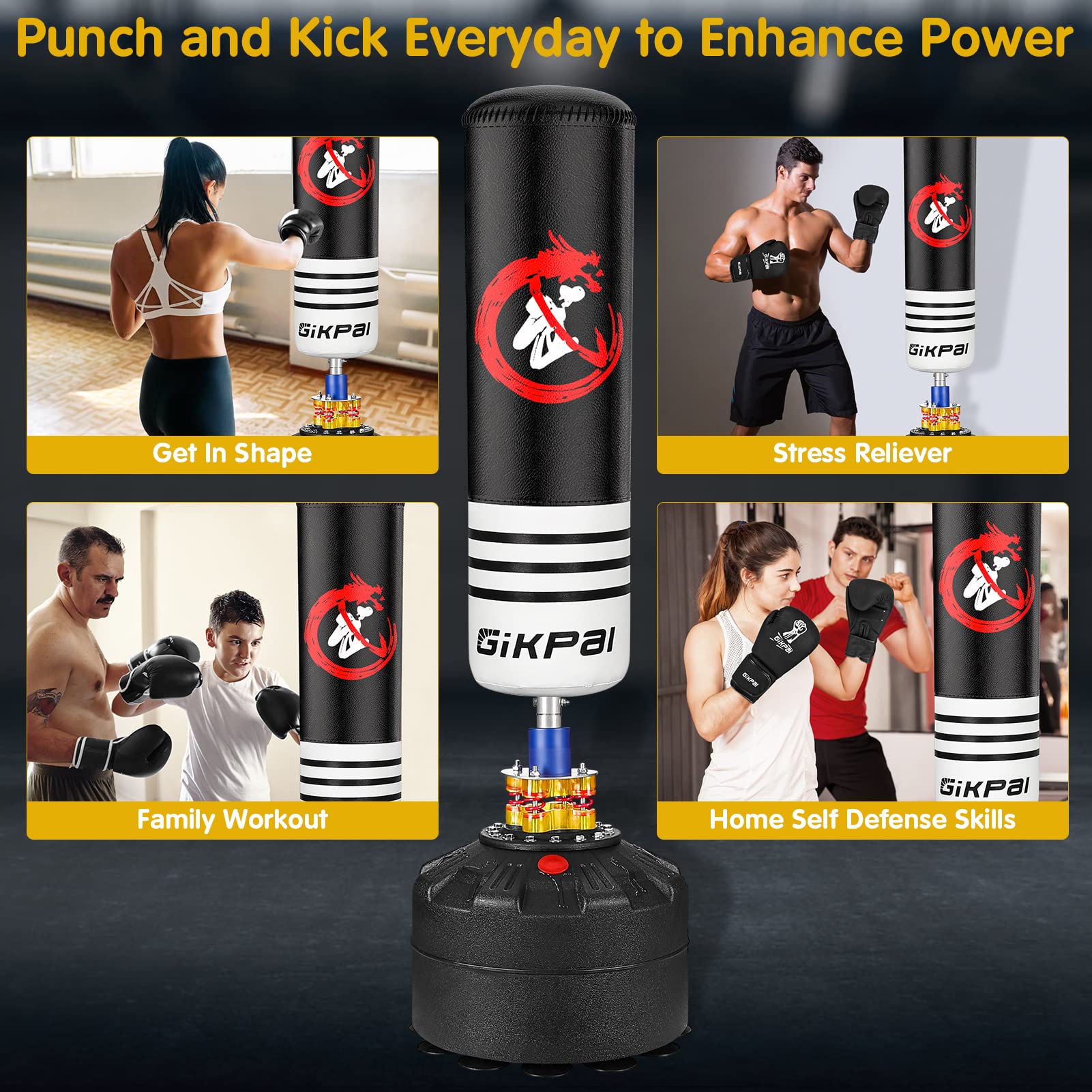 GIKPAL 70'' Freestanding Heavy Punching Bag with Stand - Boxing Training Equipment for Adults, Teens & Kids | Includes Boxing Gloves & 12-Suction Cup Base | Perfect for Home Gym, Office Workout & Kickboxing Practice