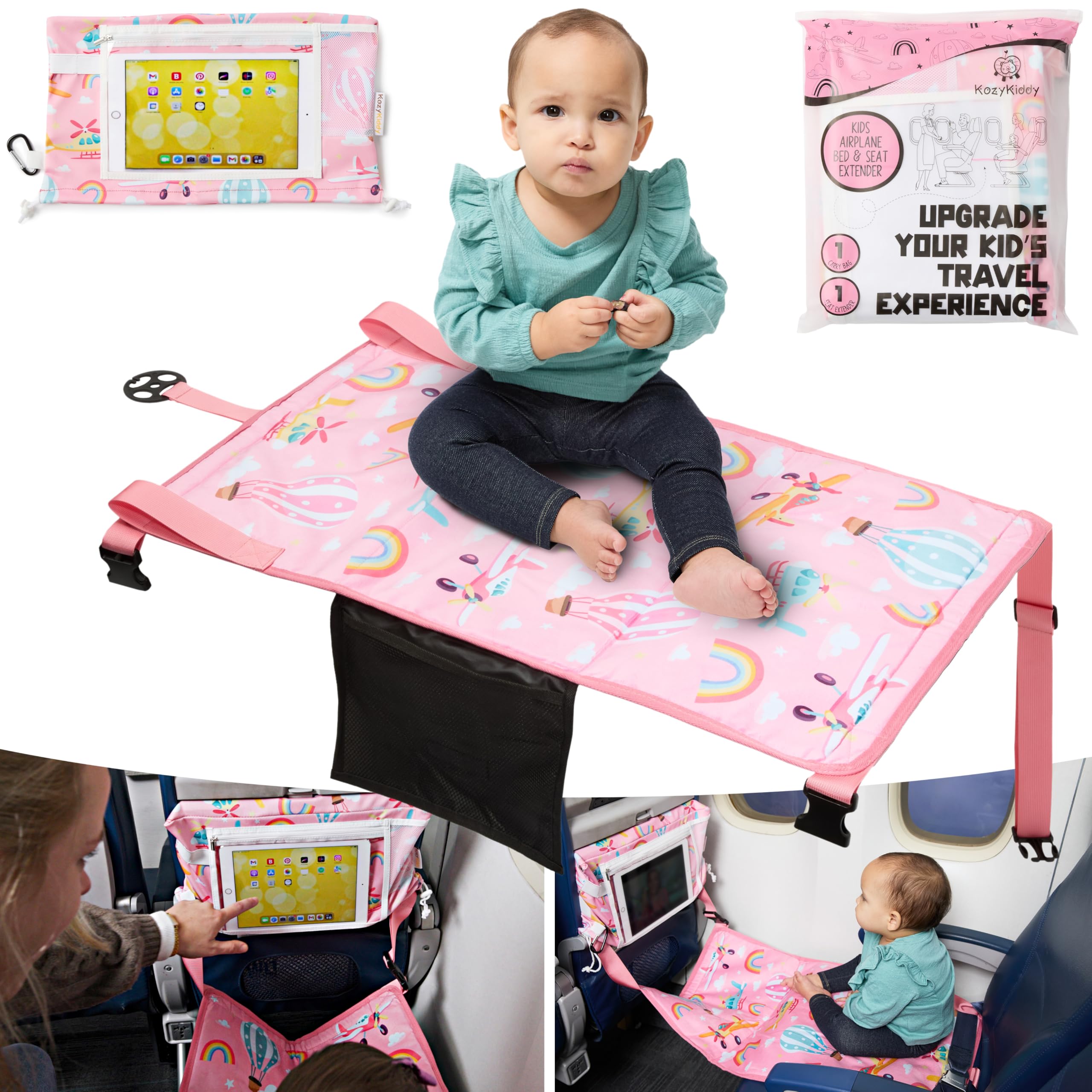 Adjustable Toddler Airplane Bed with Tablet Holder & Tray Table Cover - Kids Flight Foot Rest, Travel Cot & Hammock for Planes & Cars - Perfect for Long Flights, Road Trips & Baby Travel Essentials