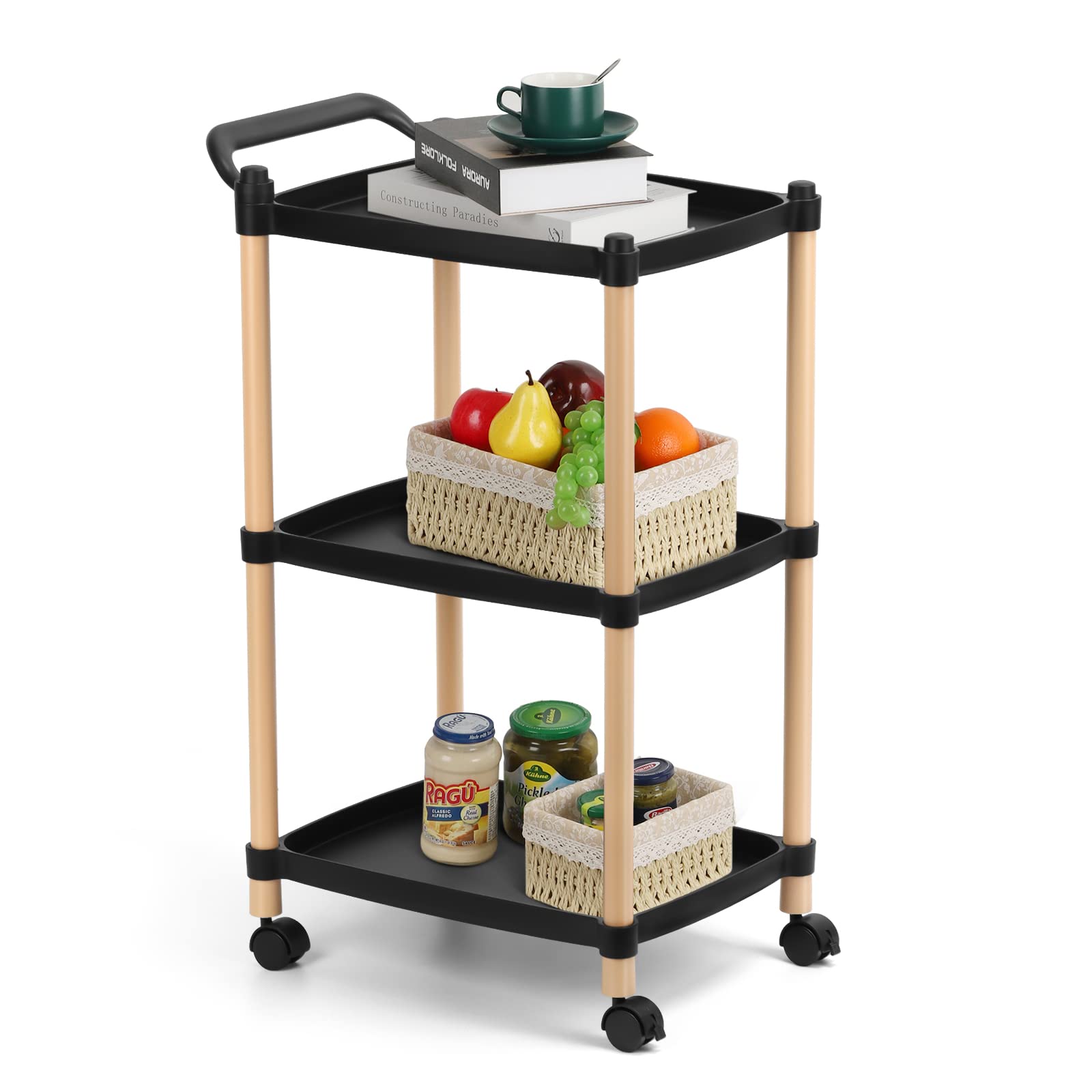 Rolling Kitchen Cart with Wheels - Black Utility Cart for Kitchen, Living Room & Bathroom | Mobile Storage for Cooking, Organizing & Small Spaces