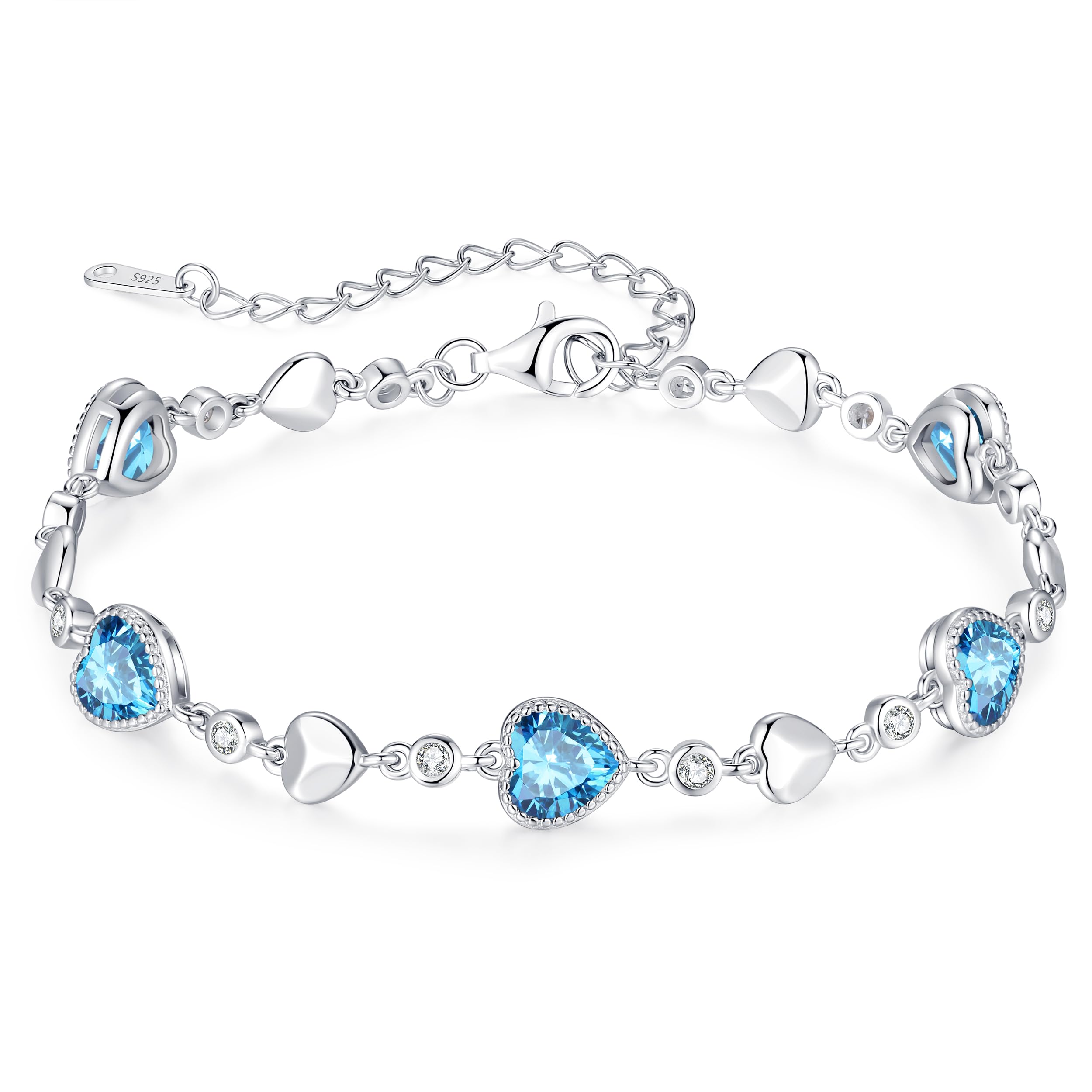 LOUISA SECRET 925 Sterling Silver Five Love Heart Birthstone Charm Bracelet for Women - Elegant Link Bracelet Gift for Wife, Mom, Girlfriend - Perfect for Birthday, Anniversary, Christmas & Everyday Wear