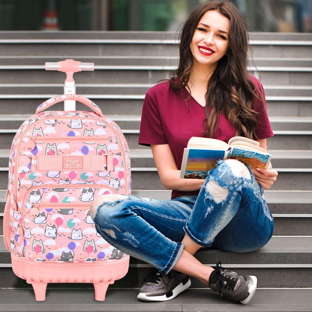 **Girls Rolling Backpack Set - 3-Piece Pink Cloud Cat Wheeled School Bag with Lunch Box for Kids & Teens | Perfect for School, Travel, and Daily Commute**