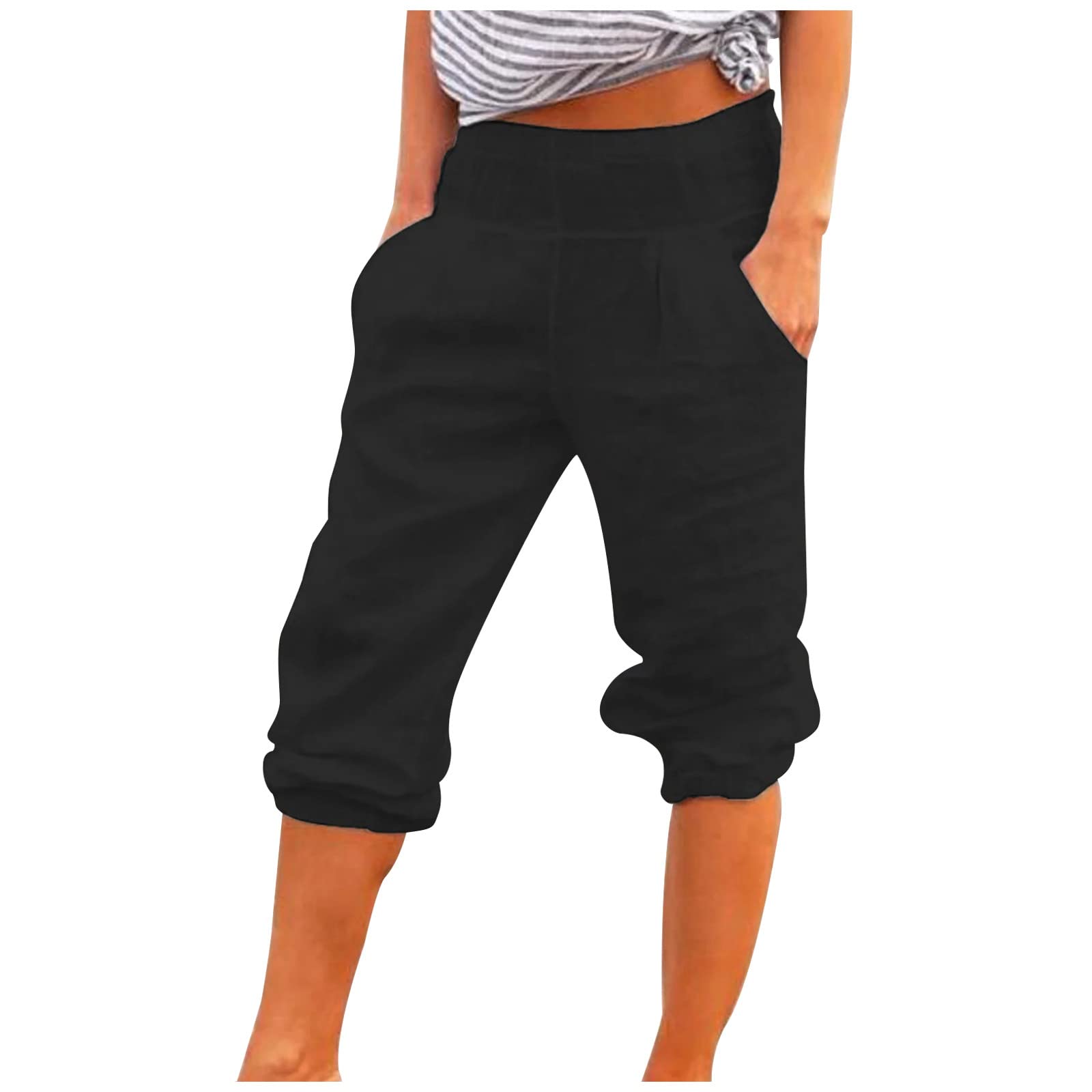 JUPAOPON Women's Elastic Waist Solid Color Wide Leg Pants with Pockets - Straight Cut Cotton Linen Trousers for Casual Wear, Office & Travel