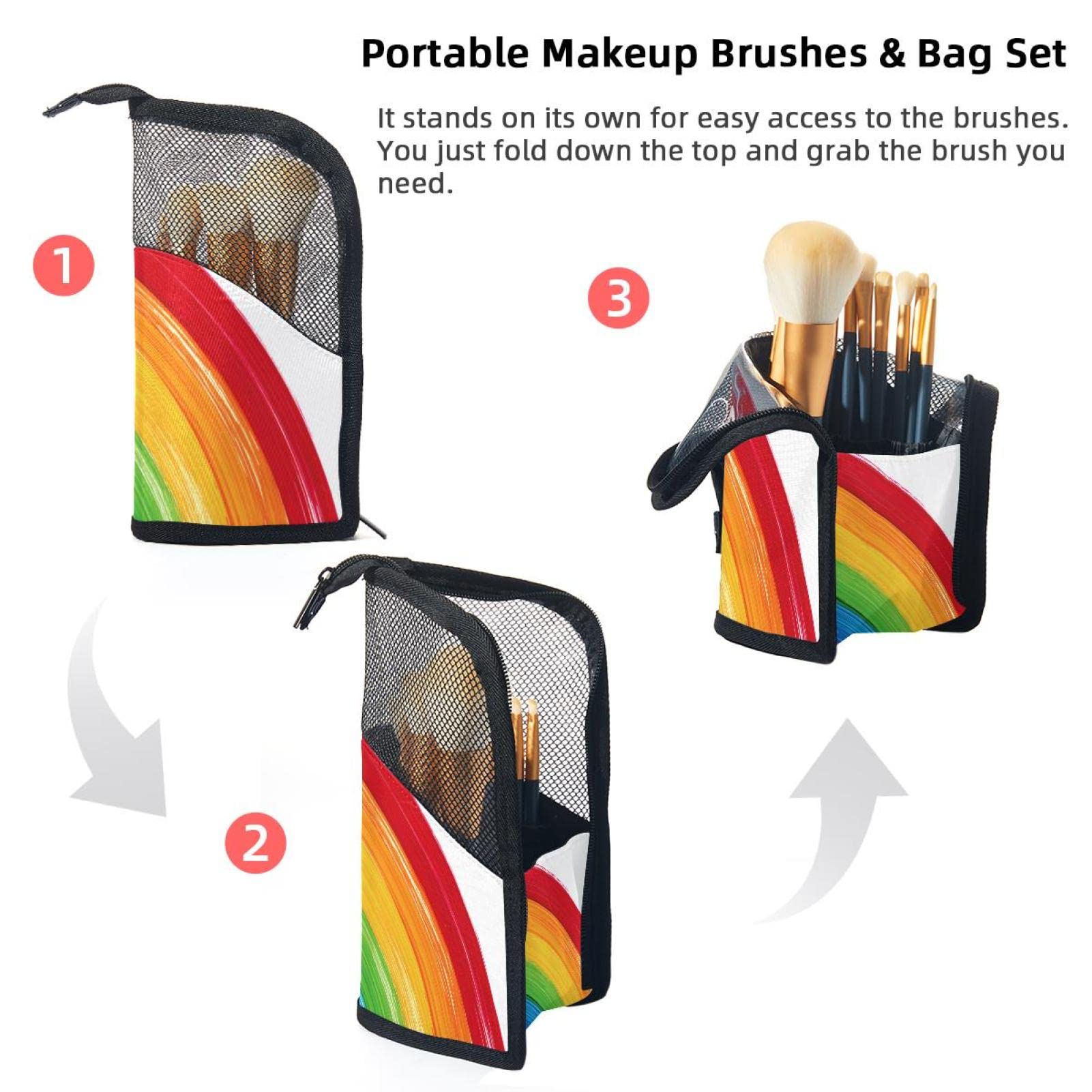 12-Piece Watercolor Rainbow Makeup Brush Set with Organizer Bag - Portable Travel Cosmetic Brush Holder for Professional & Home Makeup Application