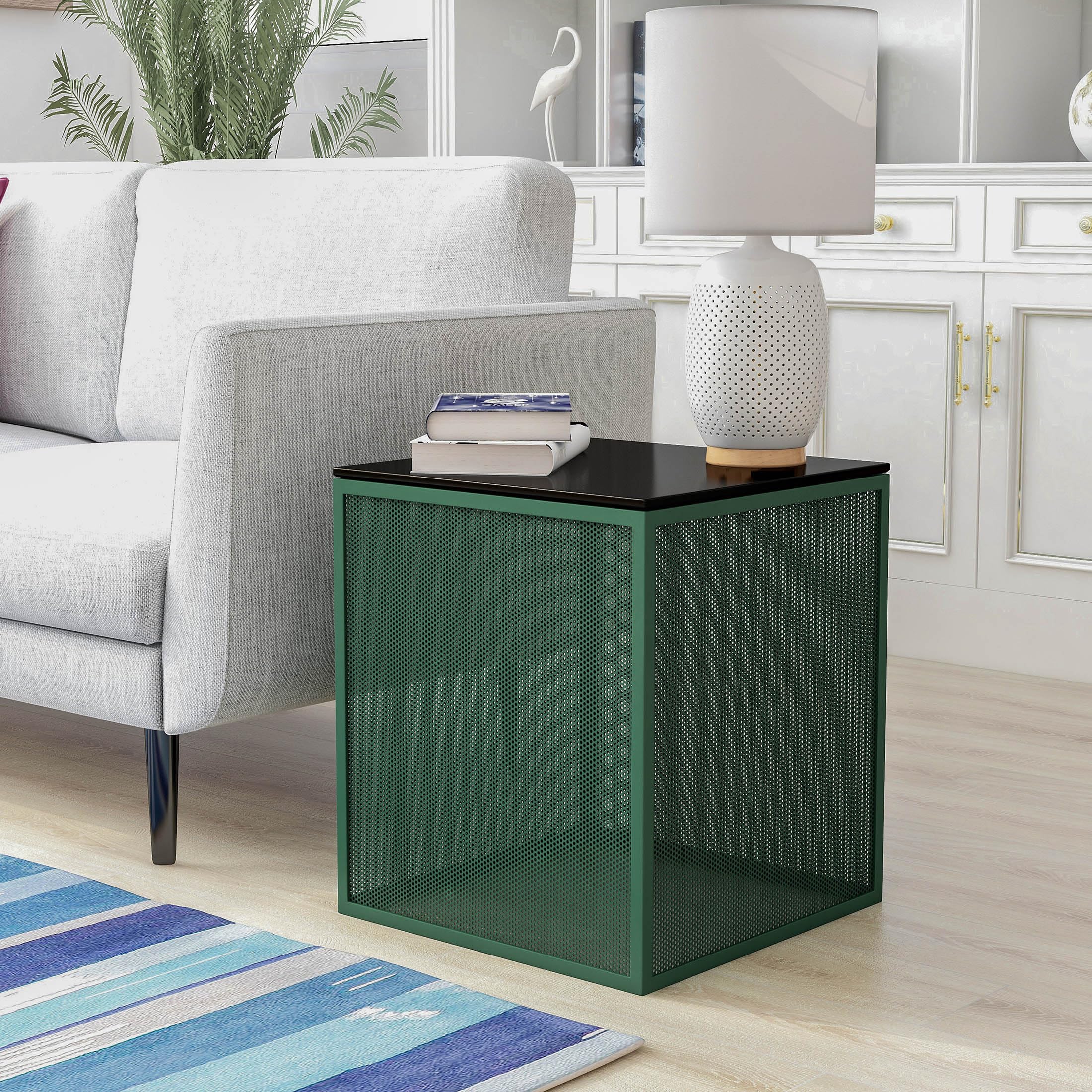 Furniture of America Kelforia Modern Glass Top Side Table - Green Accent End Table for Living Room, Bedroom & Office Decor