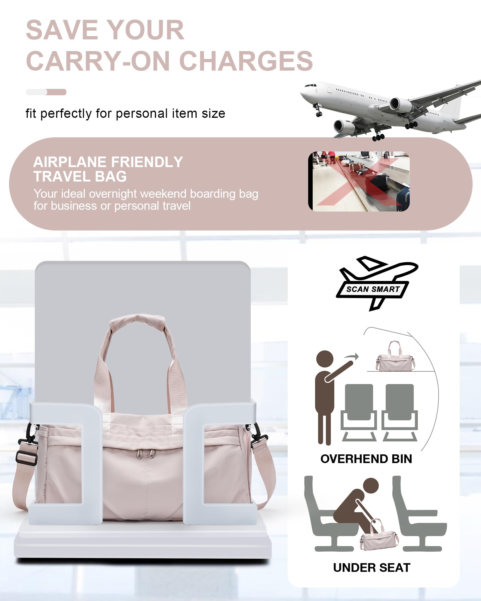 Women's Gym Duffle Bag with Shoe Compartment & Yoga Mat Holder - Light Pink Sports Workout Bag for Yoga, Fitness, Travel & Weekend Getaways