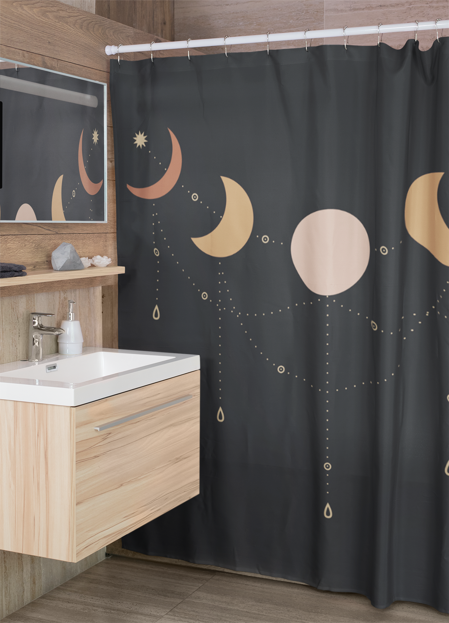 Black Moon Phases Shower Curtain - Waterproof Bathroom Decor for Modern & Boho Homes - Perfect for Showers, Bathtubs & Spa Retreats