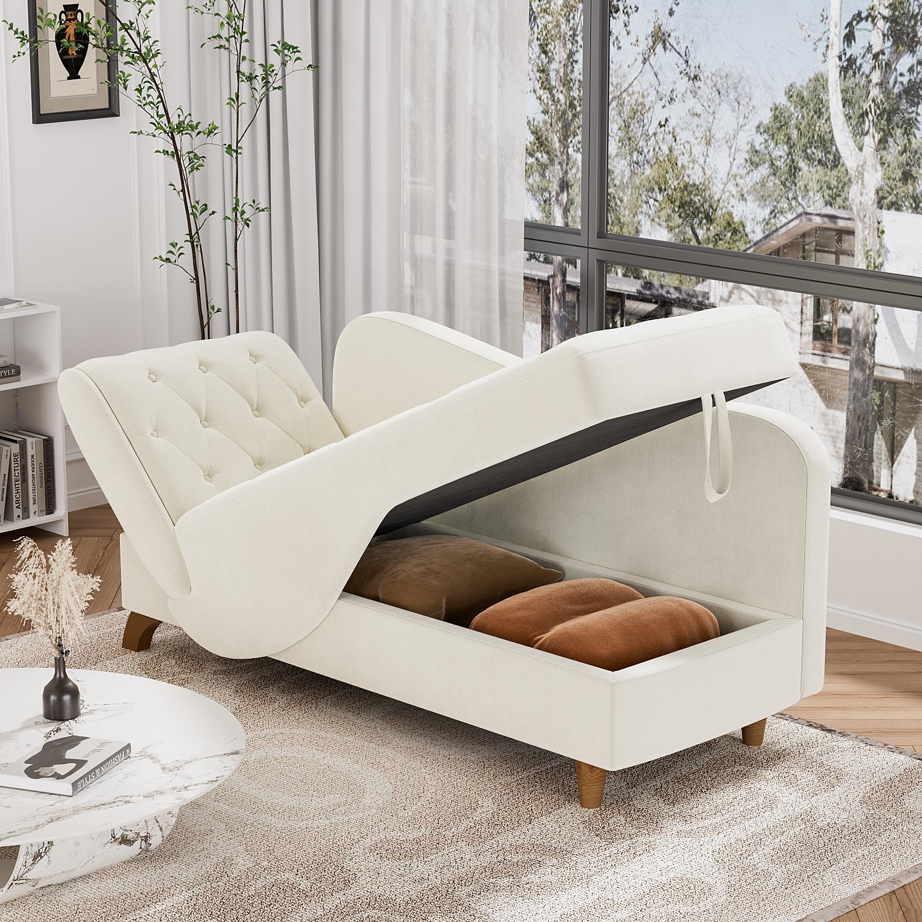 OUYESSIR Velvet Upholstered Chaise Lounge - Adjustable Recliner Sofa with Storage & Pillow, Button Tufted Living Room Chair for Bedroom, Office - Beige | Perfect for Relaxing, Reading & Small Space Living