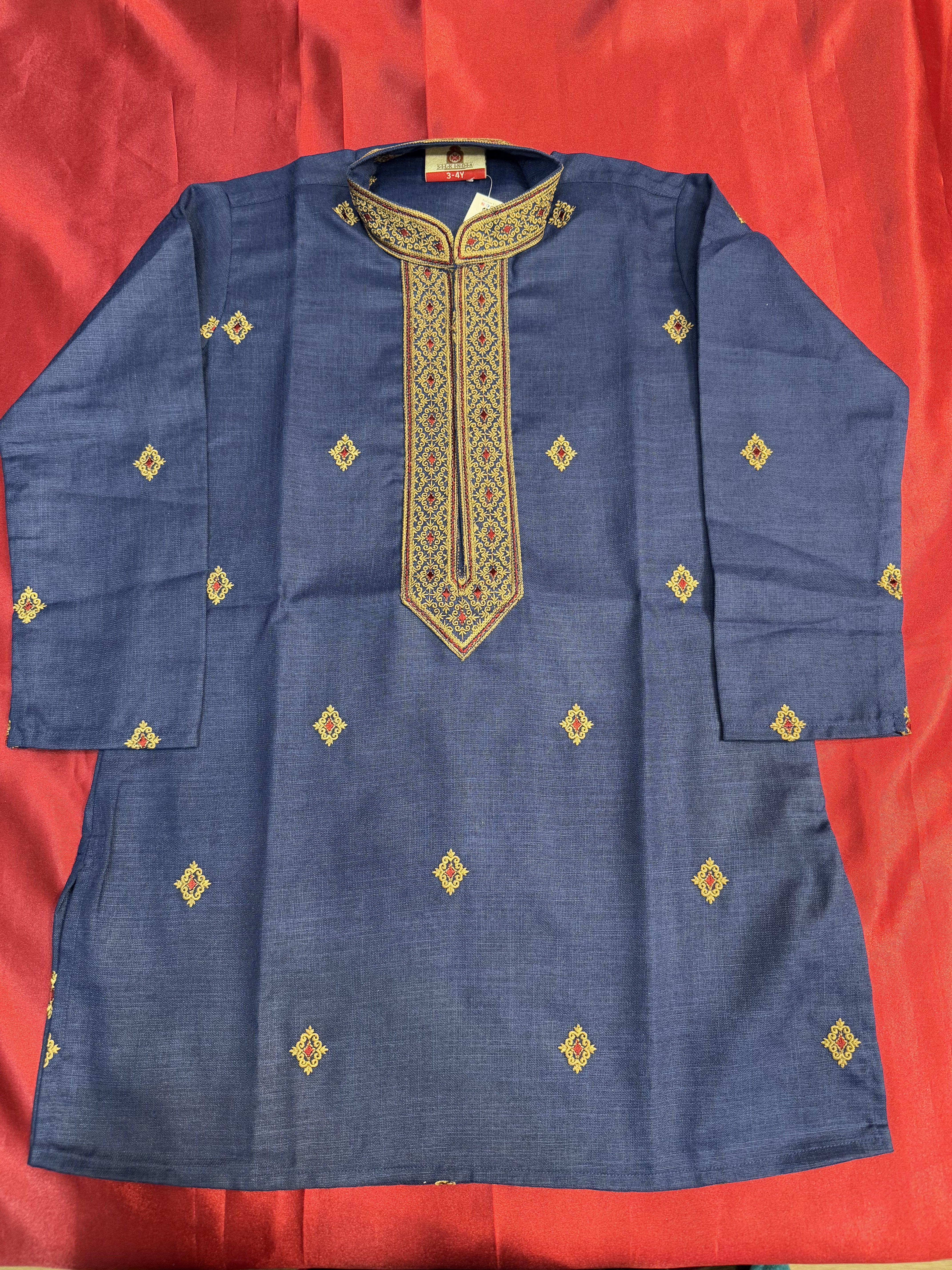 Stylish Navy Blue Poly Cotton Embroidered Kurta Set with Pajama Pants for Kids | Comfortable Ethnic Wear for Festivals, Parties & Special Occasions