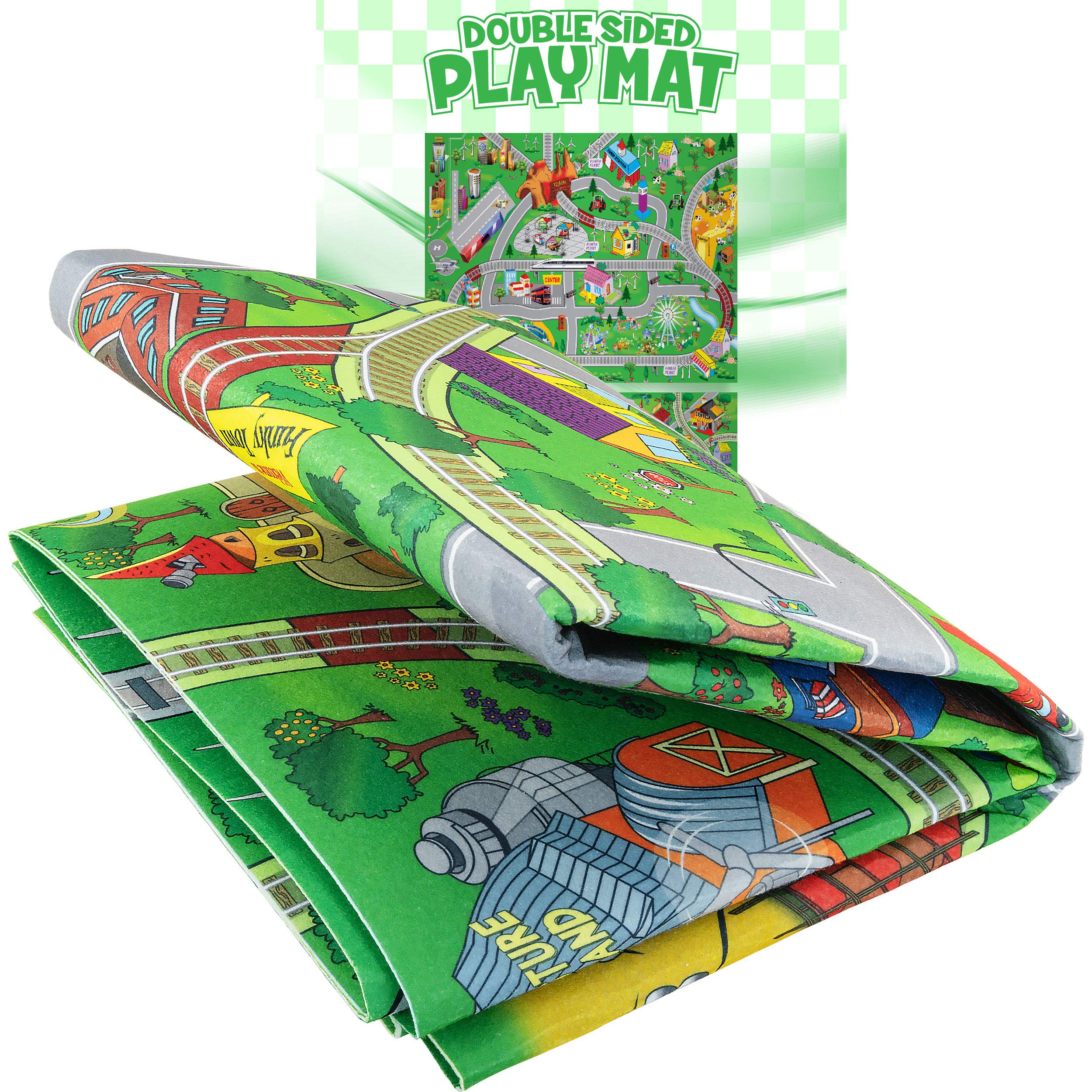 Double Sided Kids Play Mat with Trains, Cars & Roads - Reversible Children's Activity Rug for Indoor Playroom & Nursery - Perfect for City Themed Pretend Play and Learning Activities