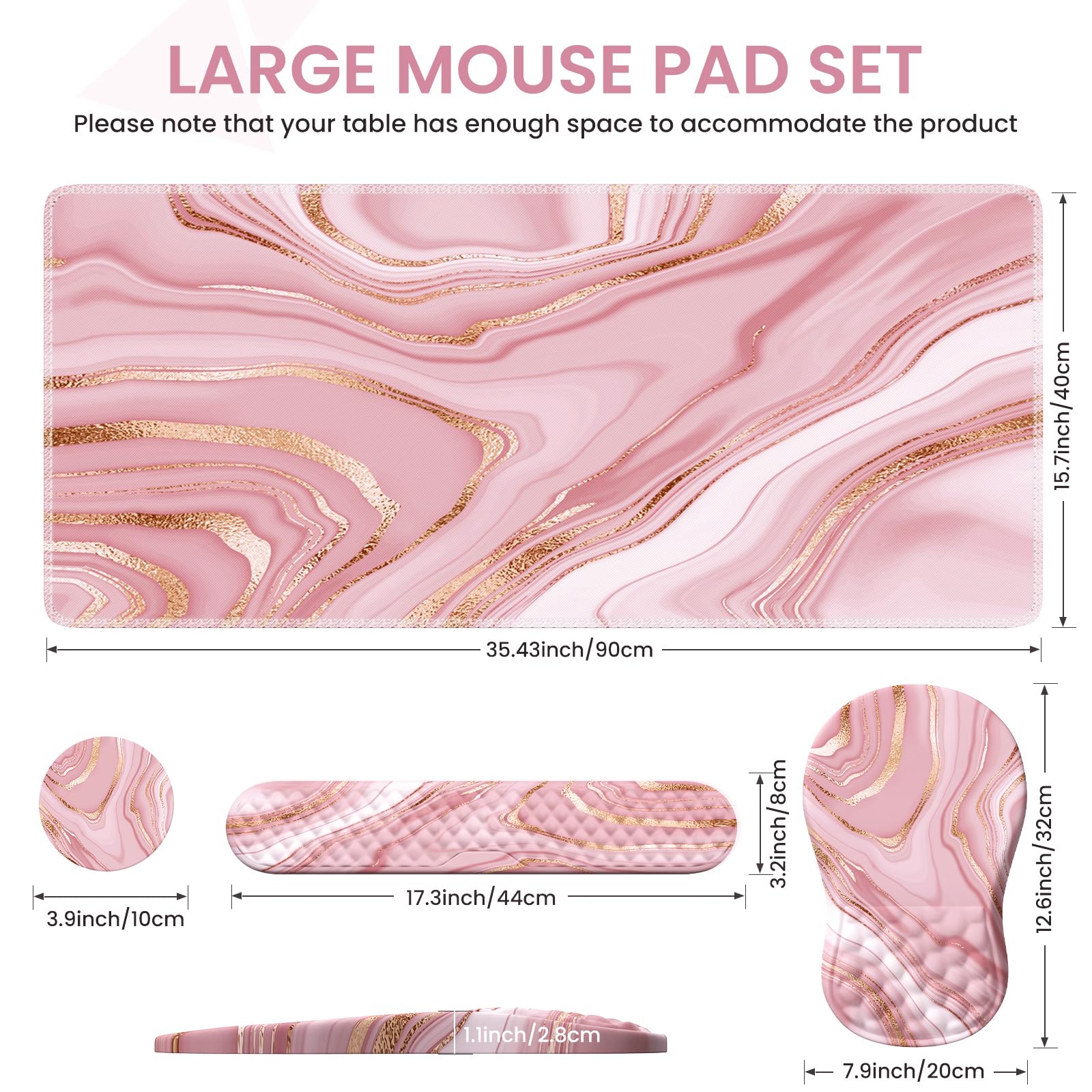 Pink Memory Foam Desk Mat with Wrist Rest - Rose Gold Keyboard & Mouse Pad for Comfortable Typing & Gaming - Non-Slip Computer Mat for Office & Home Workspace (Rose Gold Pink)
