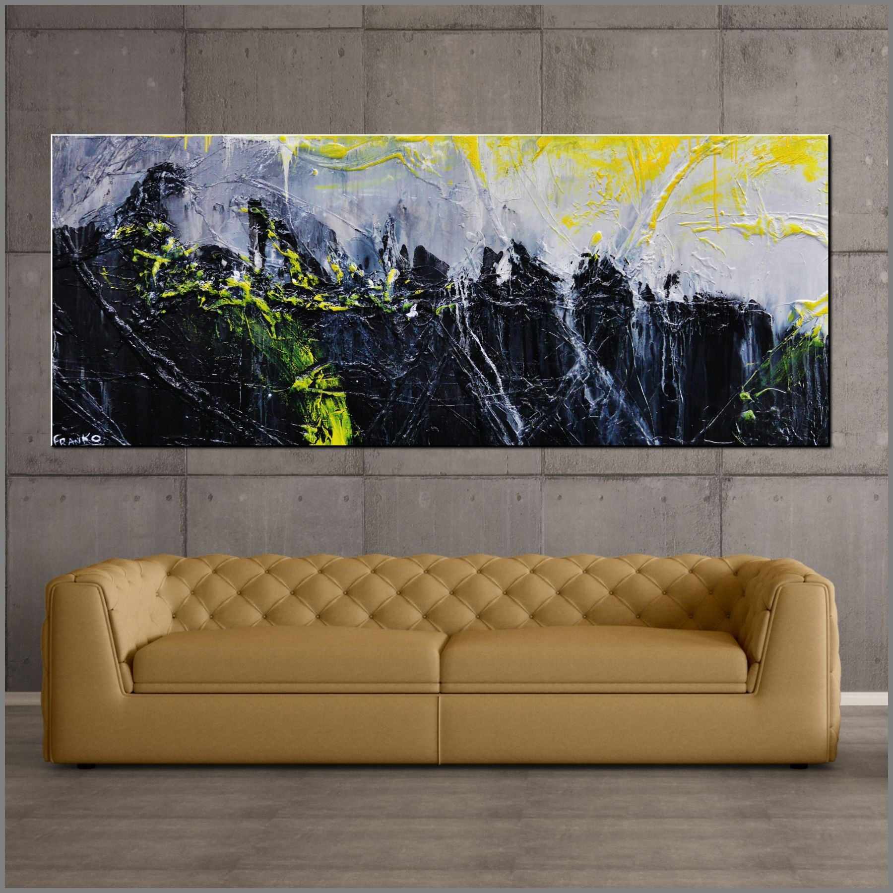 Retrofaction 200cm x 80cm Grey Black Neon Yellow Textured Abstract Canvas Art - Modern Wall Decor for Living Room, Bedroom & Office