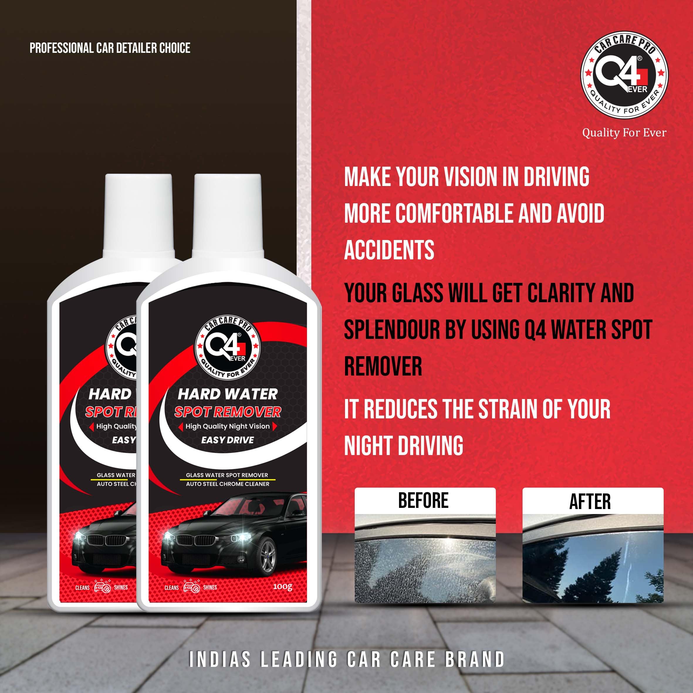 Q4 EVER Auto Care Glass Polish & Hard Water Spot Remover - 100g Cream for Car Windshield, Windows & Mirrors - Restores Clarity, Removes Stains & Mineral Deposits - Perfect for Auto Detailing & Home Glass Cleaning