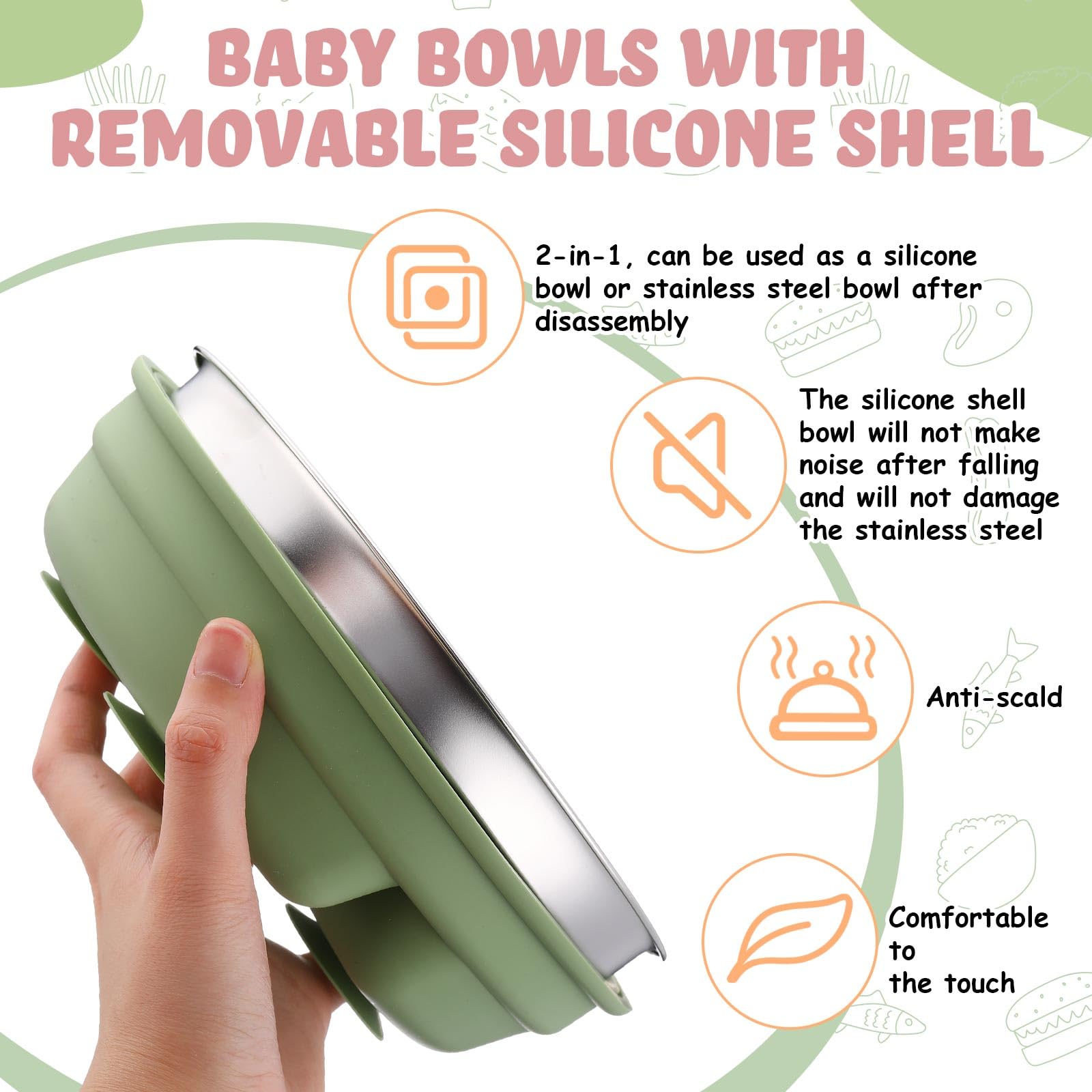 Nuogo 3-Pack Stainless Steel Baby Suction Plates with Removable Silicone Shell - 2-in-1 Divided Toddler Bowls for Picky Eaters | Dishwasher Safe | Perfect for Baby-Led Weaning, Travel & Mess-Free Feeding (Blue, Pink, Green)