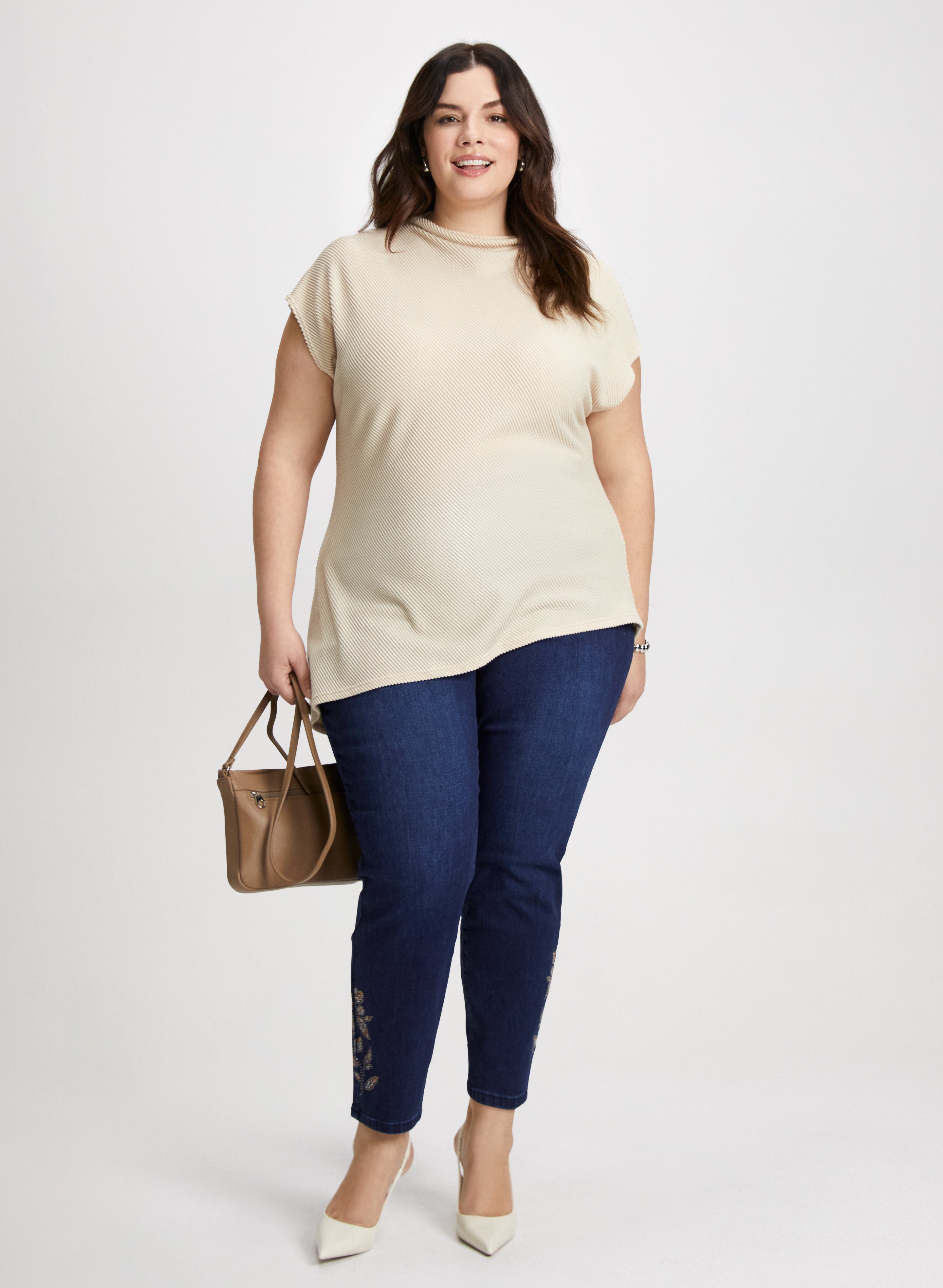 Asymmetrical Drop Shoulder Tops & Embellished Hem Jeans for Women - Trendy Casual Outfit for Date Night, Shopping, and Weekend Brunch