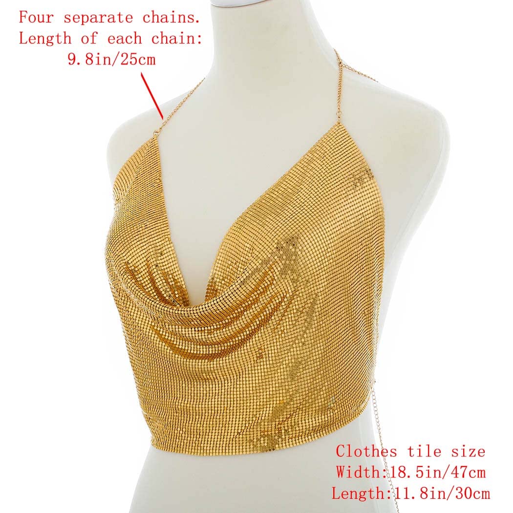 Sexy Gold Sequins Deep V Tank Top with Adjustable Chest Chain - Sparkly Crystal Bikini Party Top for Women & Girls | Nightclub Outfit, Festival Wear, Bachelorette Party