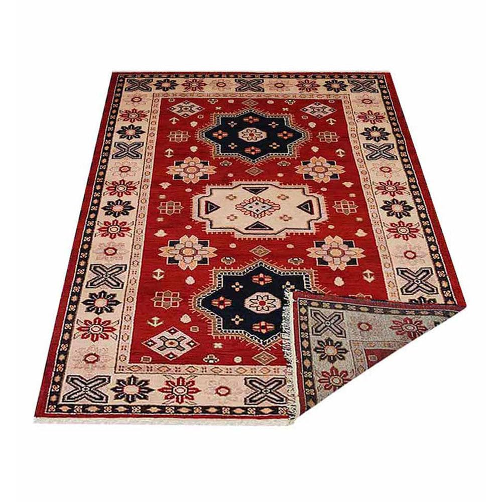 Handmade Wool & Silk Oriental Area Rug 5'x8' - Eco-Friendly Traditional Red & Cream Rectangle Rug for Living Room, Bedroom, Dining Room (AF0104)
