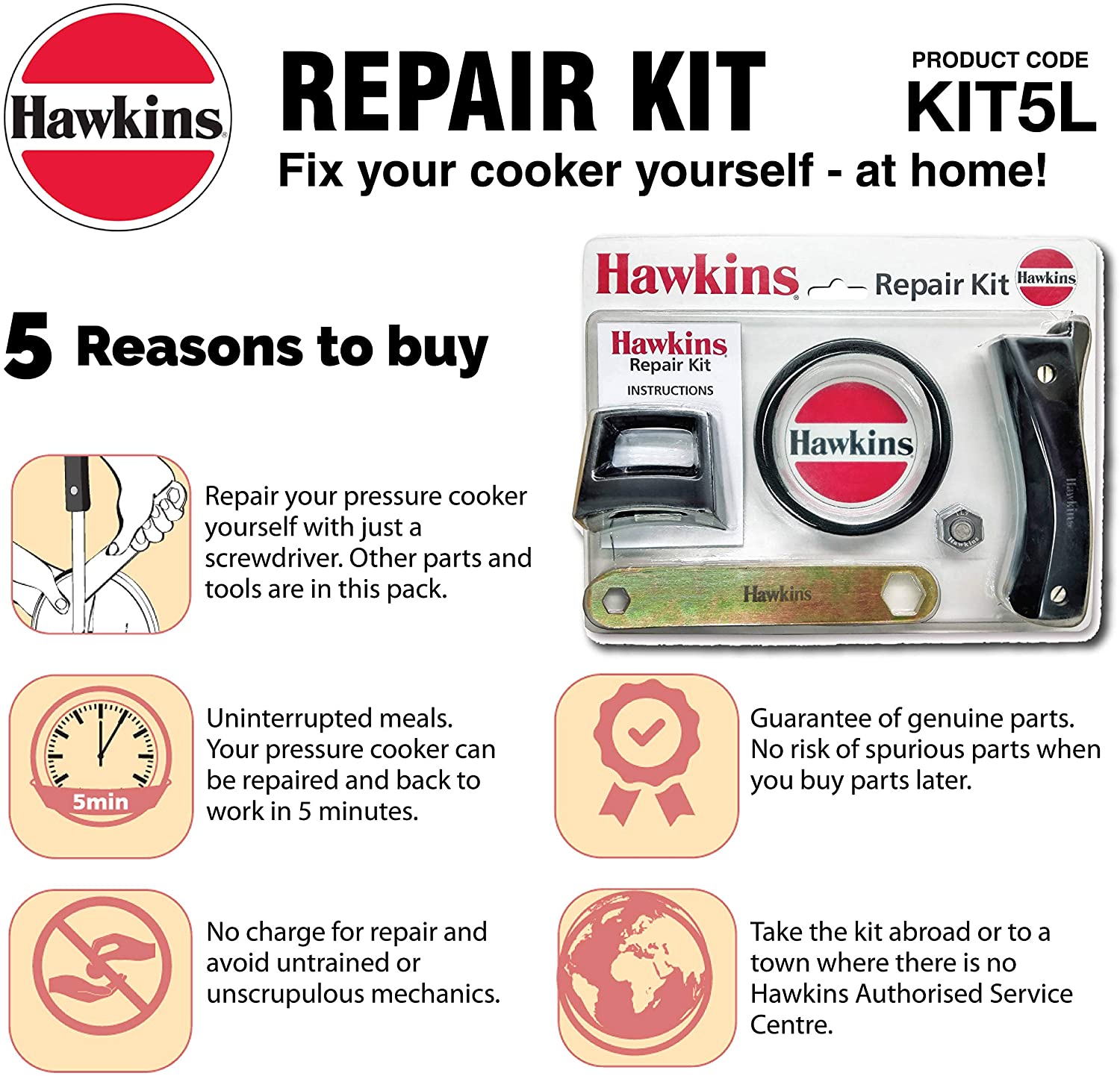 Hawkins Pressure Cooker Repair Kit KIT5L - Replacement Parts for Hawkins Cookers - Fix Leaks & Seal Issues - Perfect for Home Kitchen & Outdoor Cooking