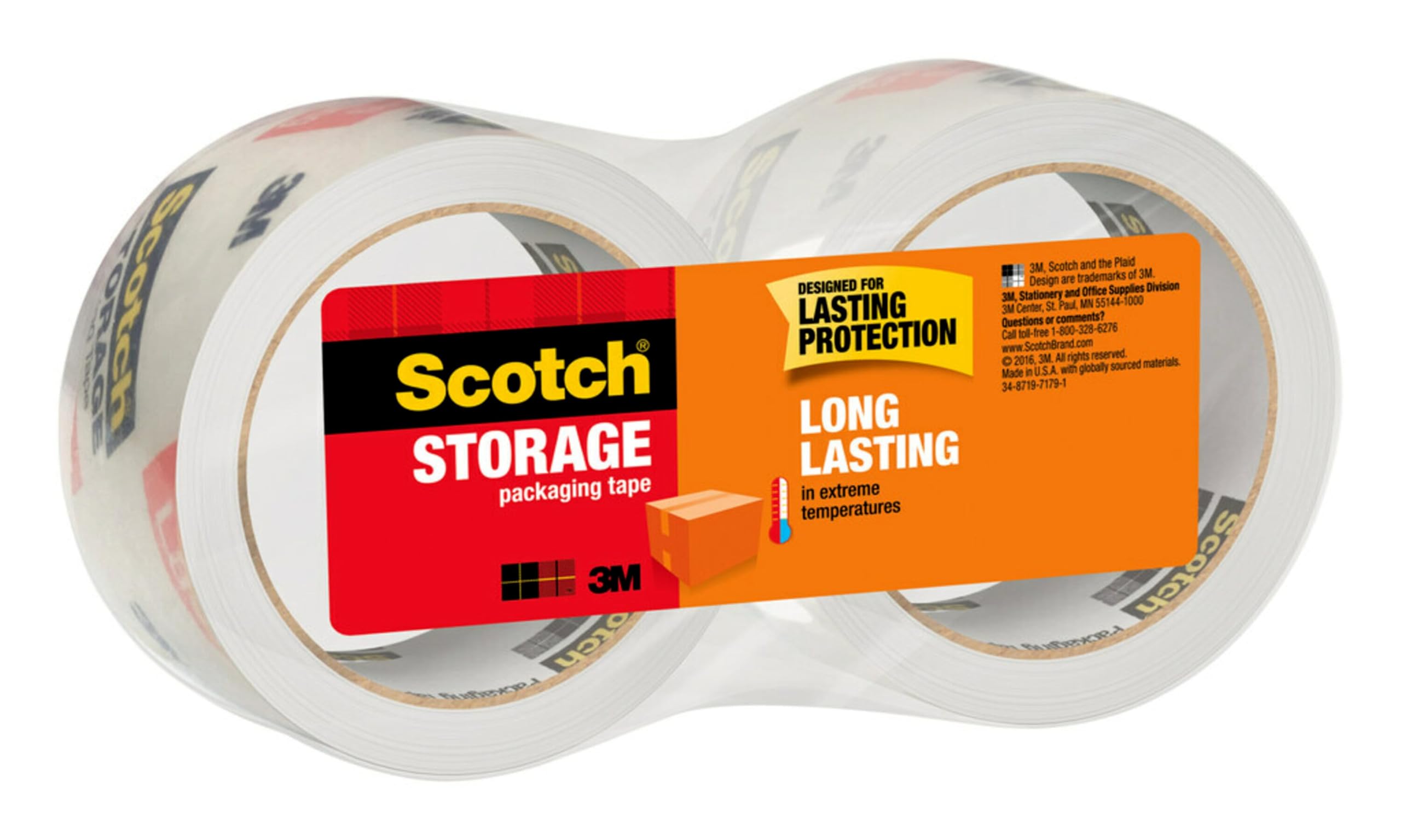 Scotch Long Lasting Storage Packing Tape - Clear, 1.88 in x 54.6 yd, 2 Rolls - Heavy Duty Adhesive for Moving Boxes, Sealing Packages & Organizing Christmas Decorations