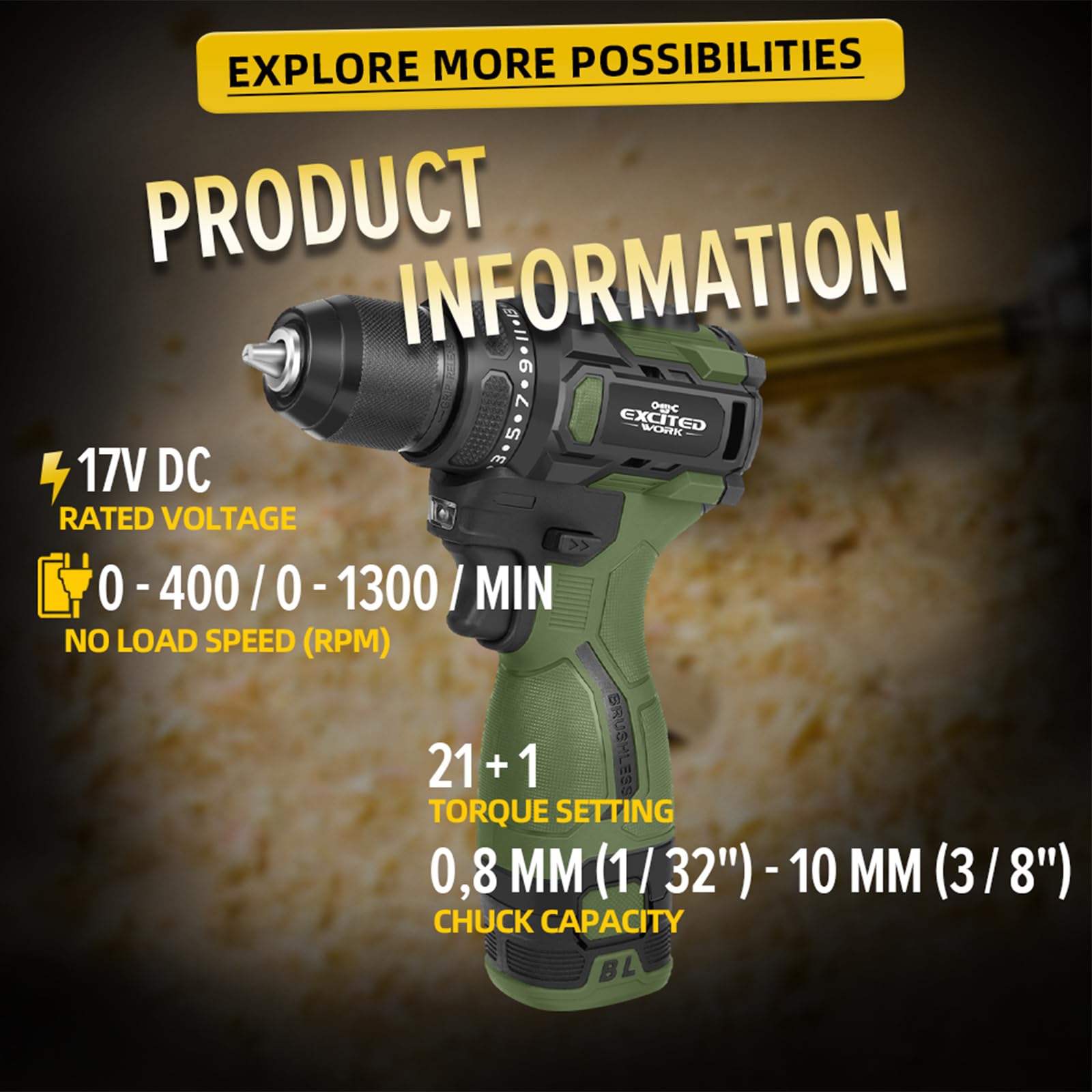 17V Brushless Cordless Power Drill Kit - 55Nm Electric Drill with 2x 1500mAh Batteries, 2-Speed Settings, 20+1 Torque Adjustments & LED Work Light - Perfect for DIY Home Projects, Woodworking, and Professional Construction Work