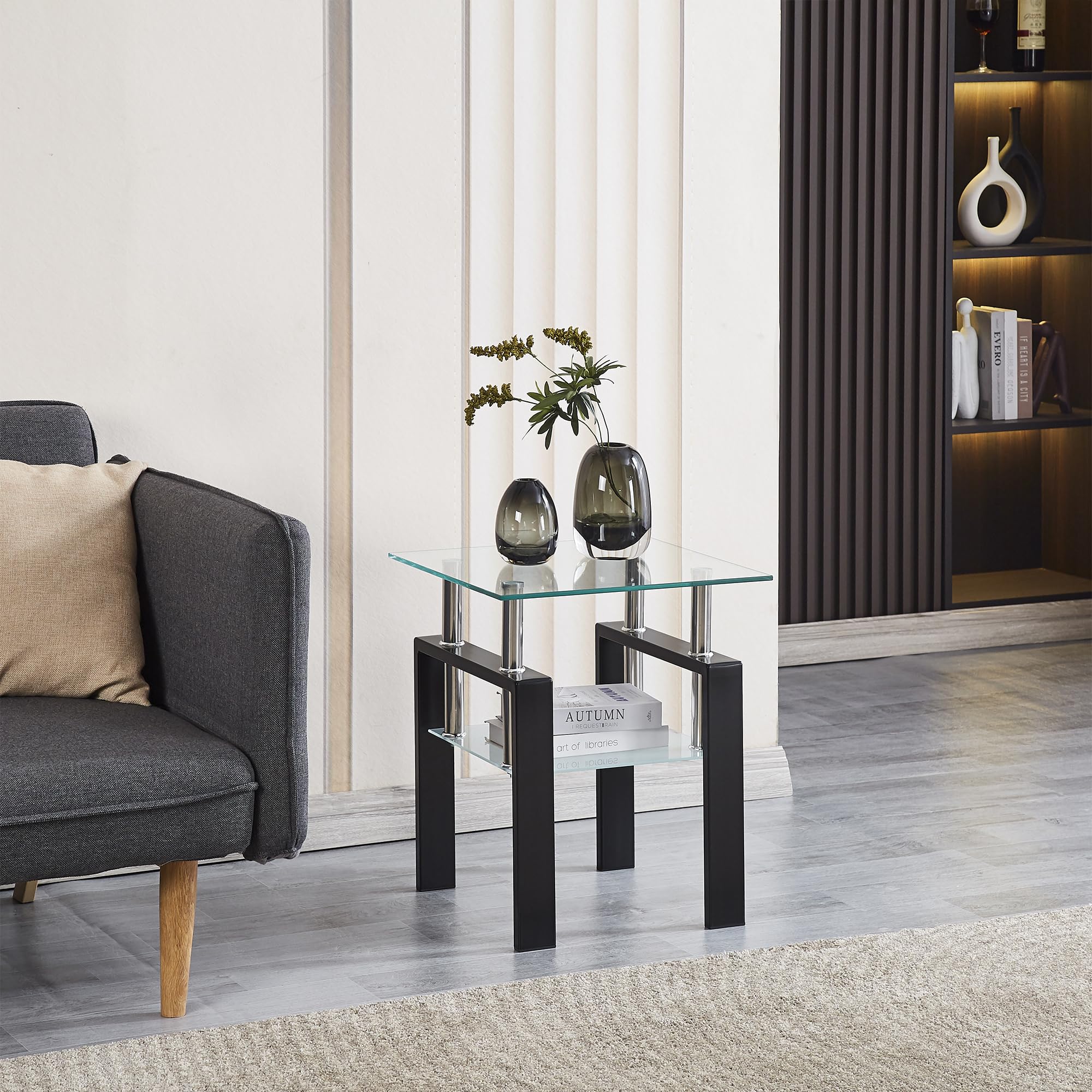 Modern Clear Glass Coffee Table Set of 3 with Black Metal Legs - Transparent Waterfall Living Room Tables for Small Spaces - Perfect for Apartments, Condos & Contemporary Home Decor