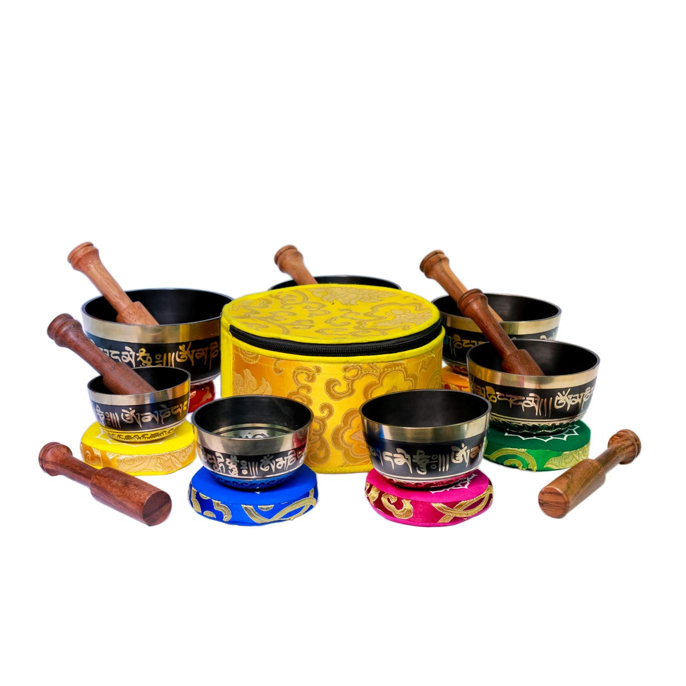 Authentic Tibetan Singing Bowl Set - 7 Chakra Healing Meditation Bowls from Nepal (Hand-Painted Black) for Yoga, Sound Therapy & Spiritual Healing