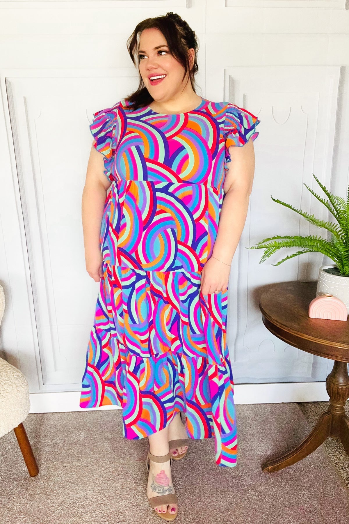 Stylish Purple Abstract Print Smocked Ruffle Sleeve Maxi Dress for Women | Flowy Bohemian Summer Beach Dress | Perfect for Vacations, Weddings & Date Nights