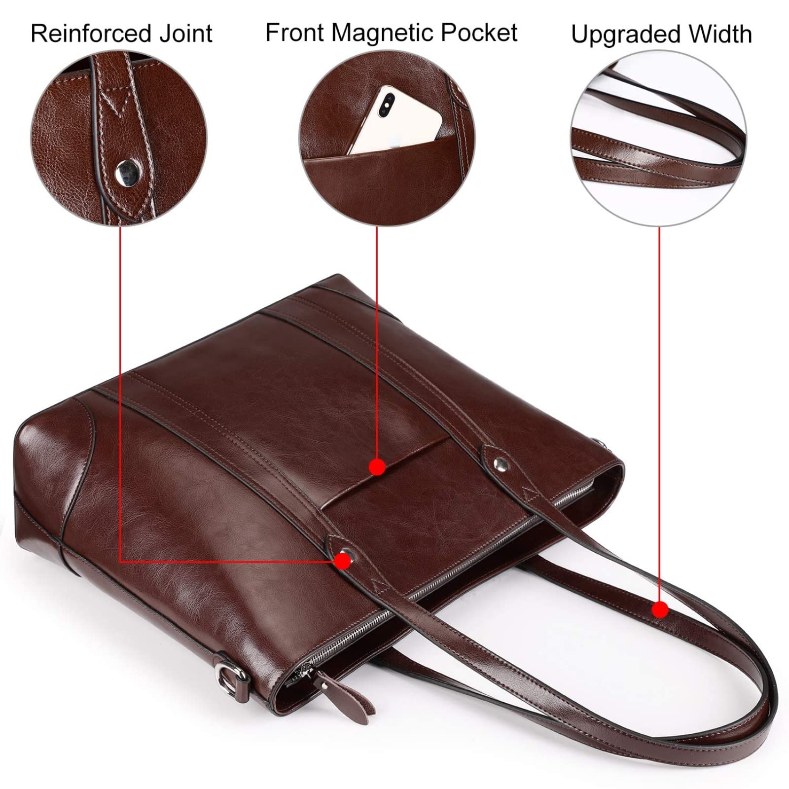 BONOCO 15.6 Inch Genuine Leather Laptop Bag for Women - Stylish Work Tote with Padded Compartment, Shoulder Bag & Business Briefcase (Coffee Brown) - Perfect for Office, Travel & Daily Commute