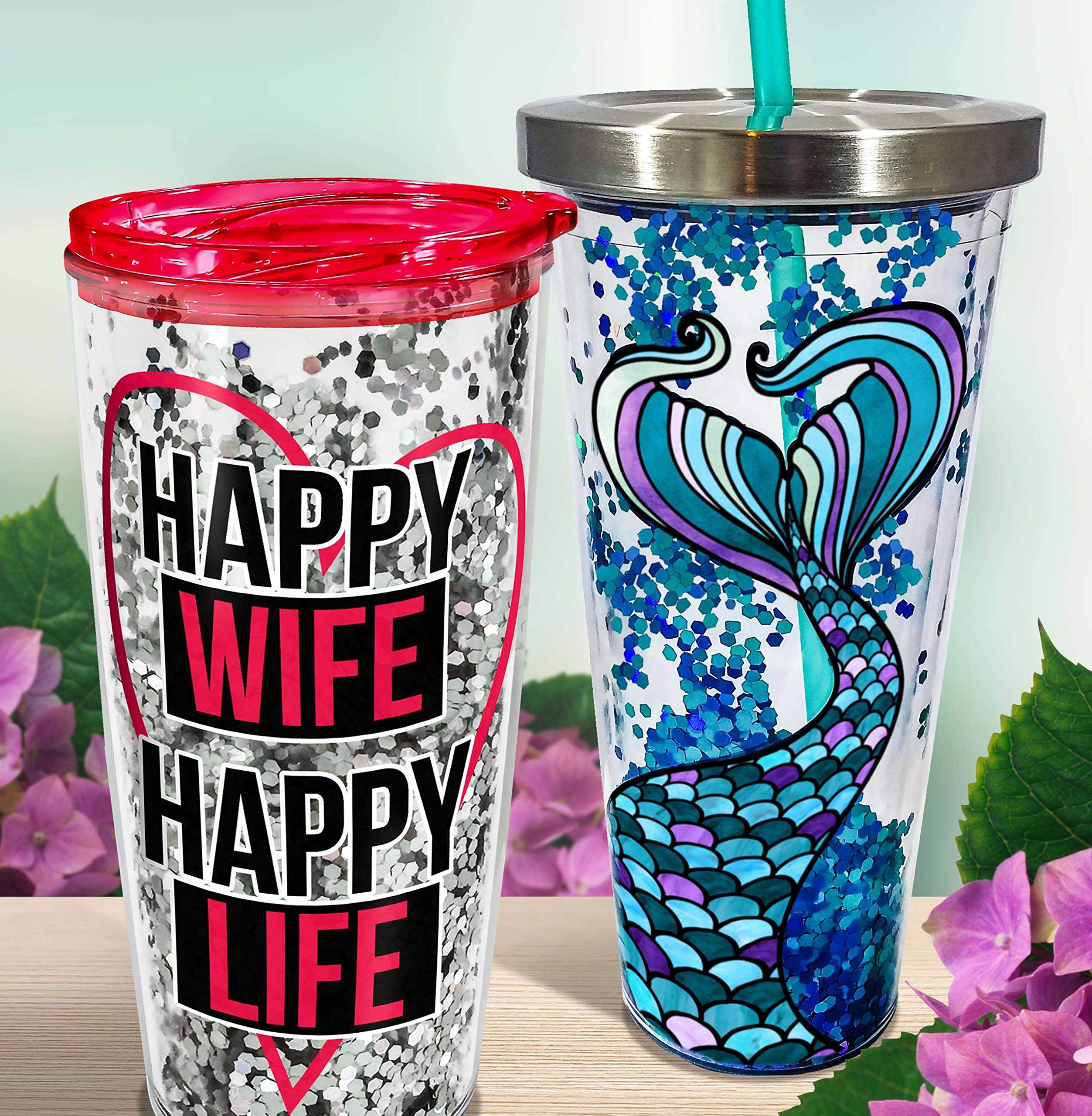 Spoontiques 20oz Mermaid Glitter Tumbler with Straw - Insulated Stainless Steel Cup for Iced Coffee, Smoothies & Beach Drinks | Perfect for Pool Parties, Summer Vacations & Gift Giving