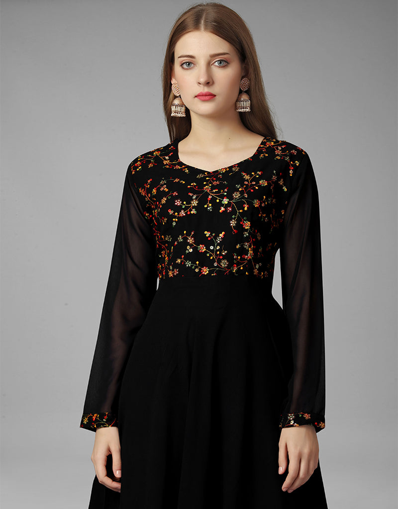 Elegant Black Georgette Embroidered Gown Collection - Intricate Handcrafted Details for Women's Formal Wear | Perfect for Weddings, Parties & Special Occasions