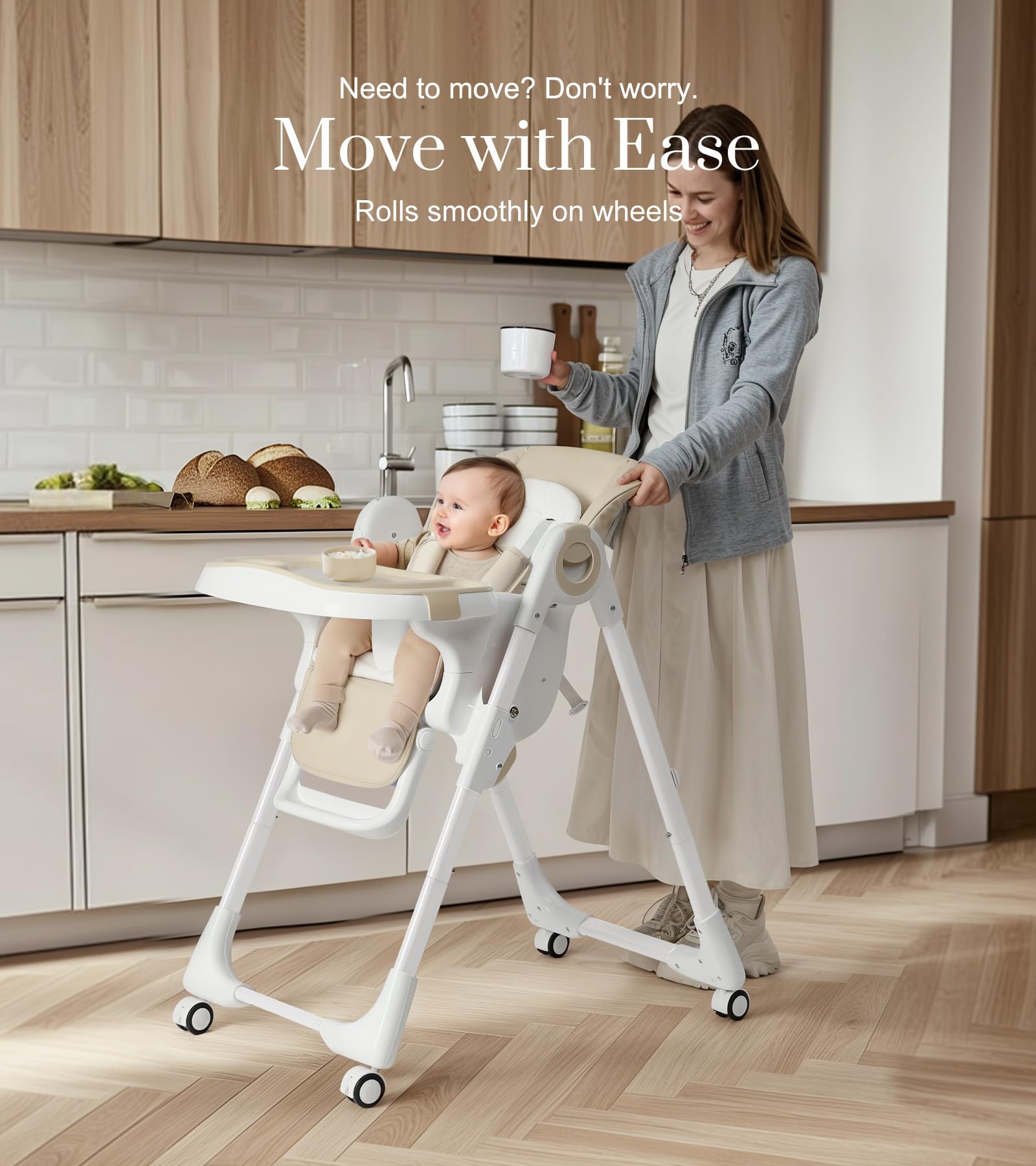 Convertible High Chair for Babies & Toddlers - Adjustable Height, Removable Tray, Reclining Backrest & Footrest - Portable Dining Chair with Locking Wheels - Perfect for Home, Restaurant & Travel Use