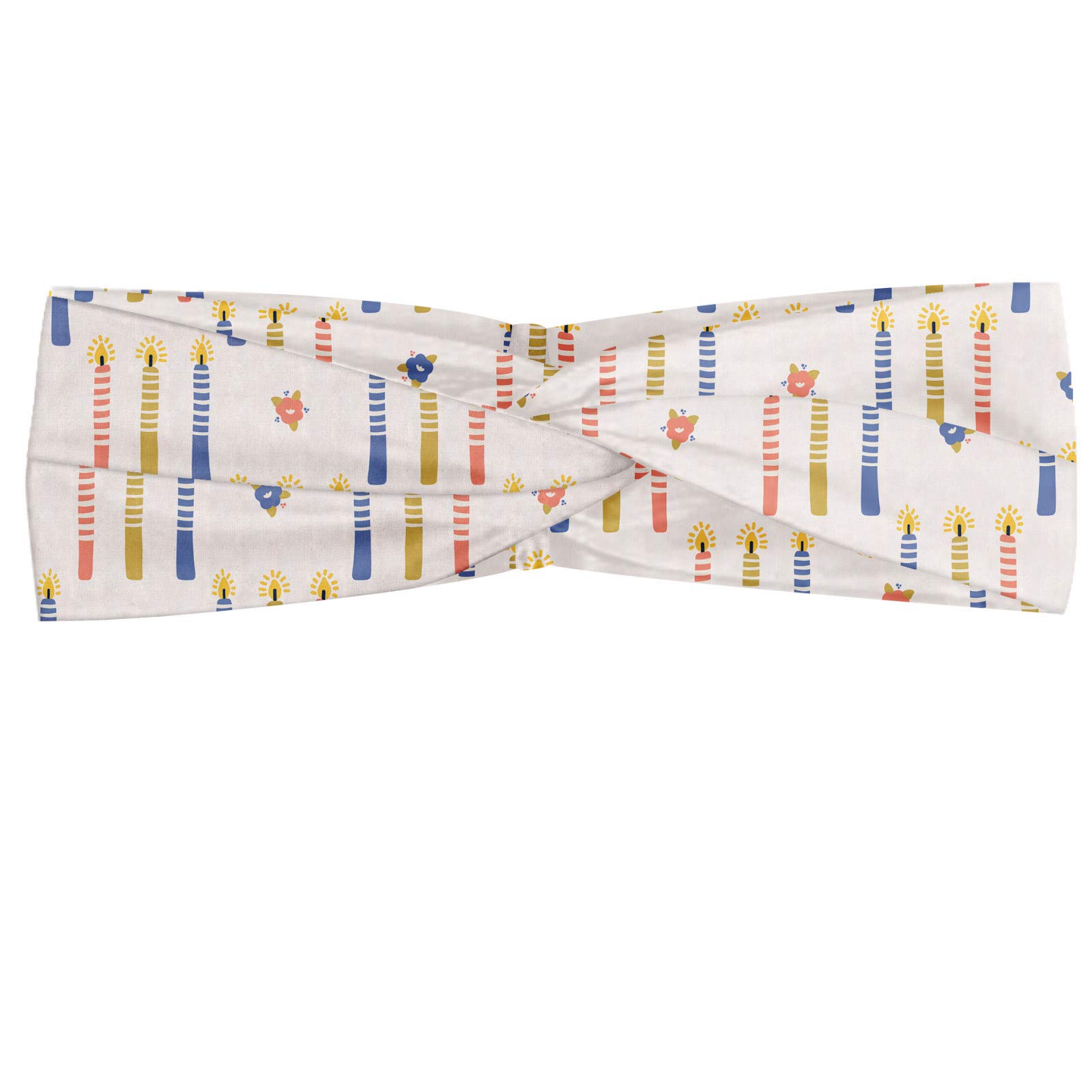ABAKUHAUS Women's Elastic Headband - Abstract Vertical Candles & Flowers Print, Soft Stretchy Bandana for Sports, Workouts, Yoga & Daily Wear (Ceil Blue/Dark Mustard) | Perfect for Running, Gym, Outdoor Activities & Fashion Accessories