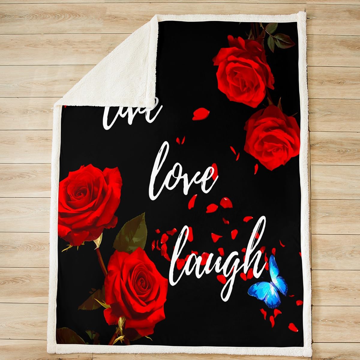Red Rose Floral Sherpa Fleece Throw Blanket - 40x50 Inch Soft Plush Blanket with Funny Quotes, Flowers & Butterflies - Cozy Inspirational Live Love Laugh Fuzzy Blanket for Sofa, Bed, Couch - Perfect for Home Decor, Gift Giving & Winter Snuggling