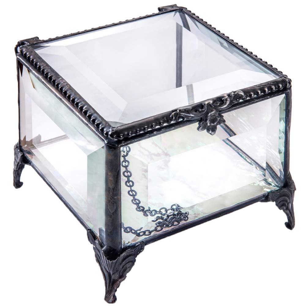 Iridescent Beveled Glass Jewelry Box with Hinged Lid & Decorative Feet - Elegant Keepsake Storage for Wedding, Anniversary Gifts & Special Occasions - Perfect for Displaying Rings, Necklaces & Treasures on Dresser or Vanity