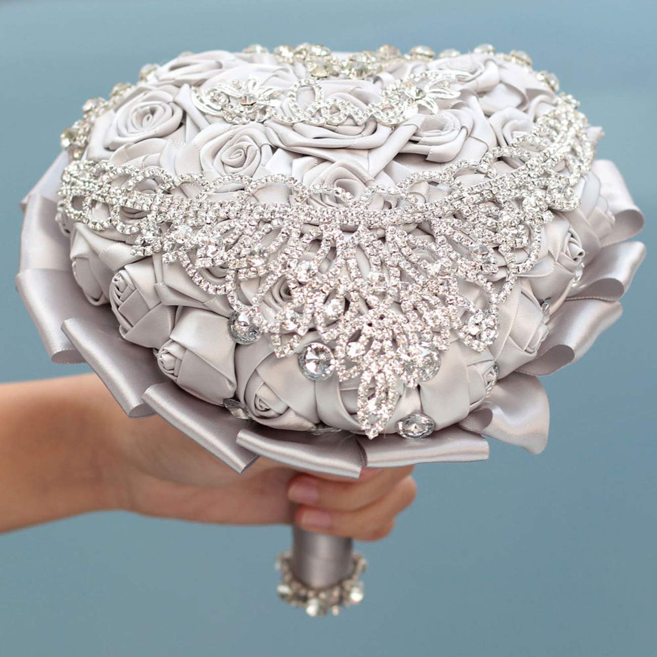 Handmade Artificial Rose Wedding Bouquet with Crystal Pearl & Satin Ribbon - Bridal Bouquet for Bride & Bridesmaids, Toss Bouquet for Wedding Ceremony, Church Events, Engagement Party, Valentine's Day Celebration & Home Décor