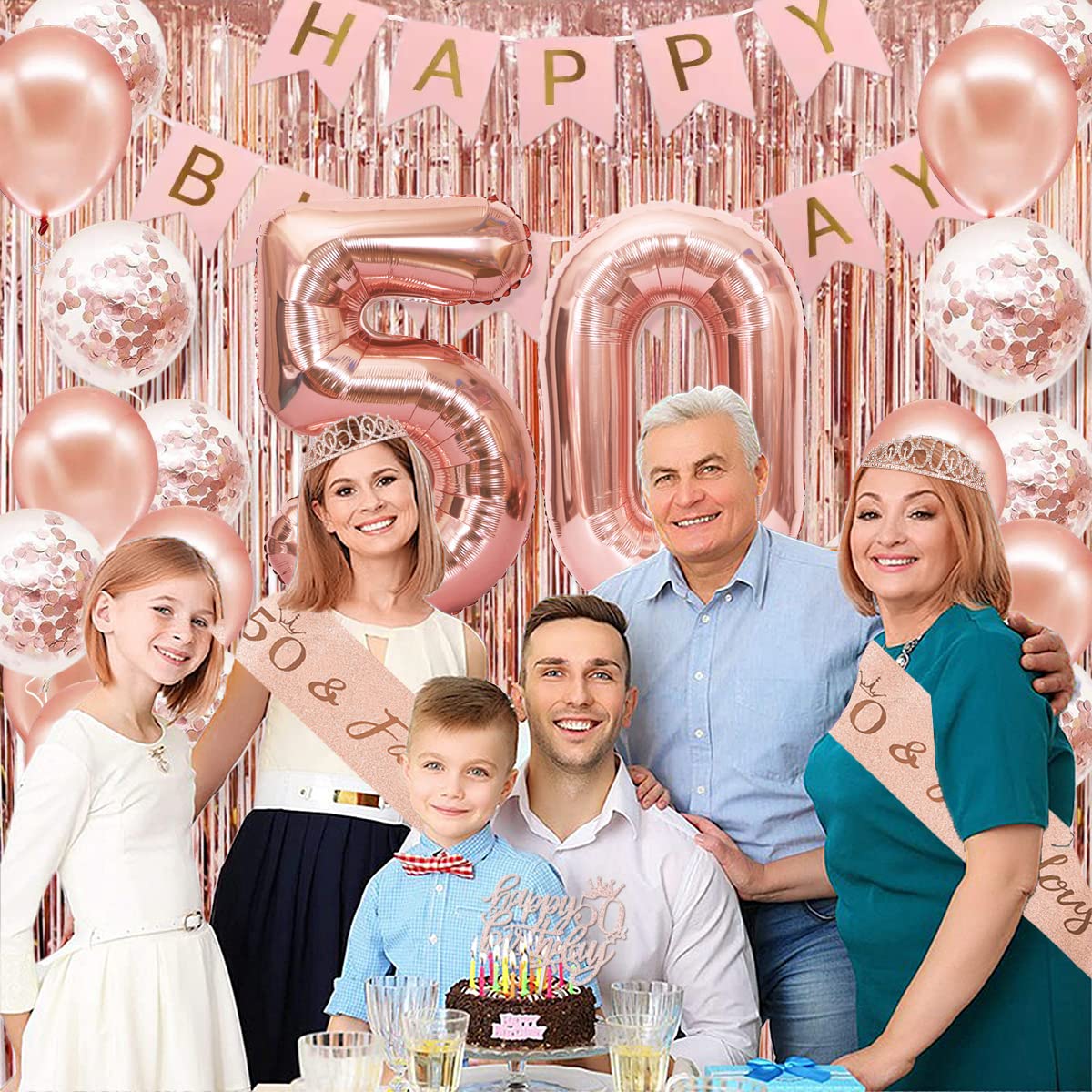 50th Birthday Party Decorations for Women - Rose Gold Happy 50th Birthday Banner, Crown, Sash, Cake Topper & Number Balloons Set - Perfect for Milestone Celebrations, Surprise Parties & Photo Backdrops