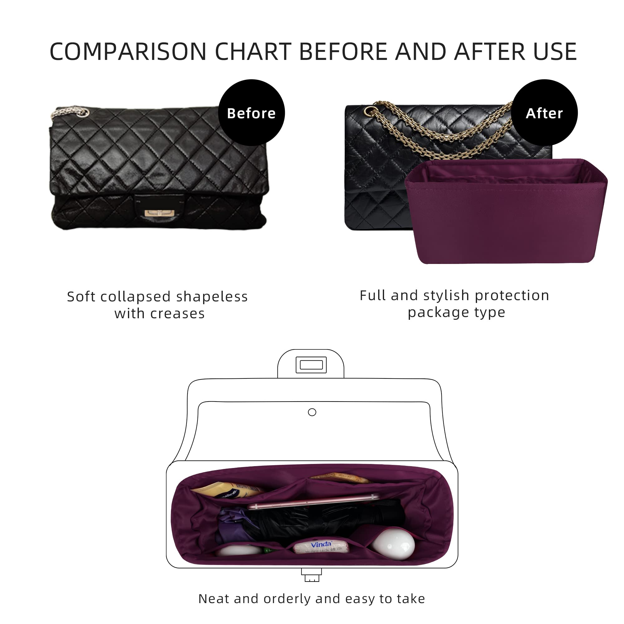 Luxury Silk Purse Organizer & Pillow Shaper for Chanel 2.55 Medium Handbag - Burgundy & White | Perfect for Travel, Work & Everyday Use