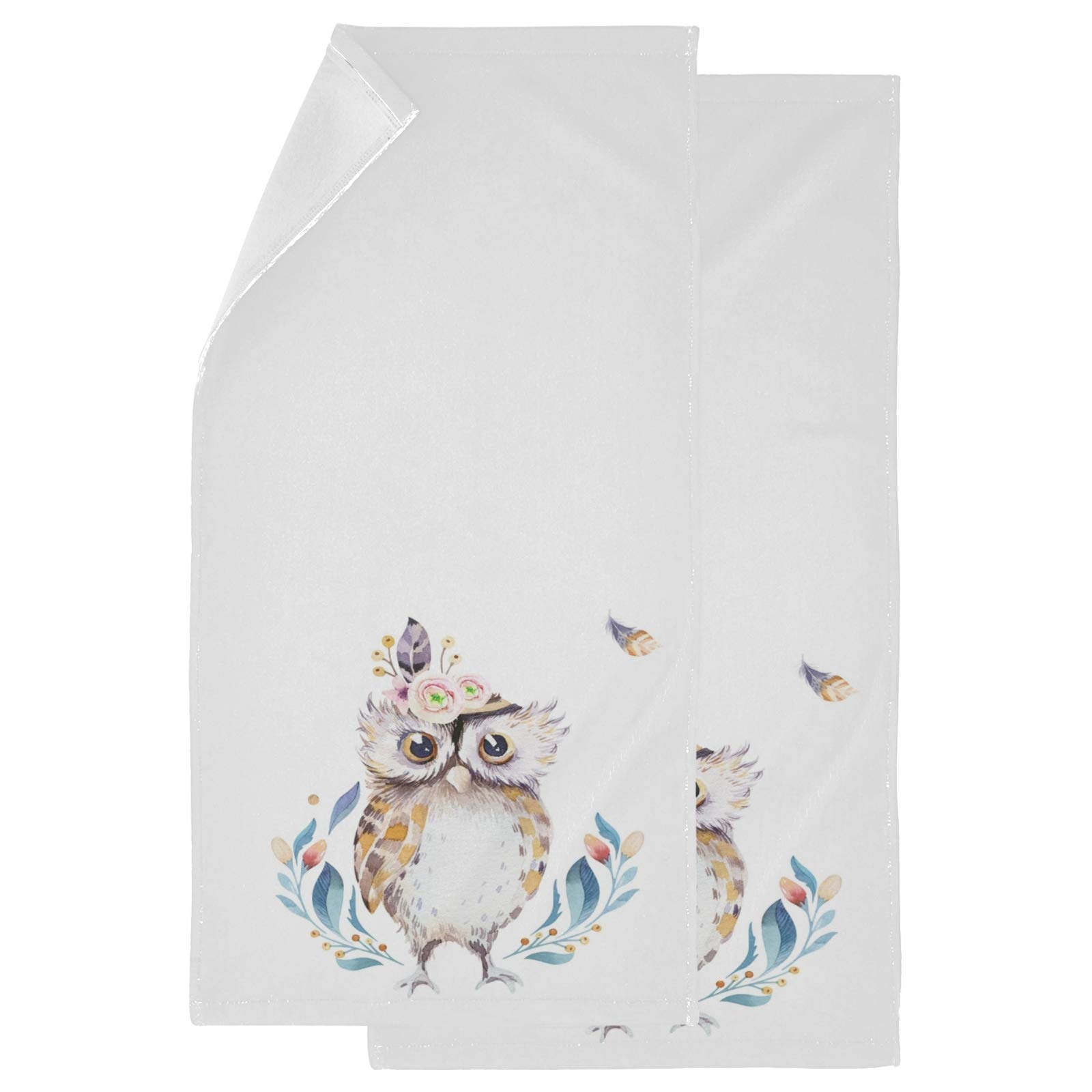 Bohemian Owl Print Soft Fluffy 2-Piece Guest Hand Towels - White 14