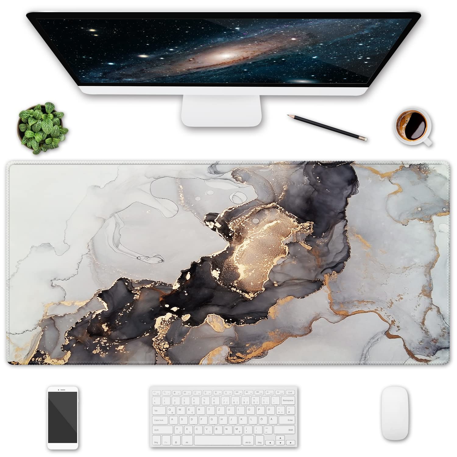 HOMKUMY Extended Gaming Mouse Pad - 35.5x15.75 Inch Large Non-Slip Desk Mat with Stitched Edges, Waterproof Keyboard Mouse Pad for PC, Laptop, Office & Home Use - Ink Marble Design - Perfect for Gaming, Work & Study Setup