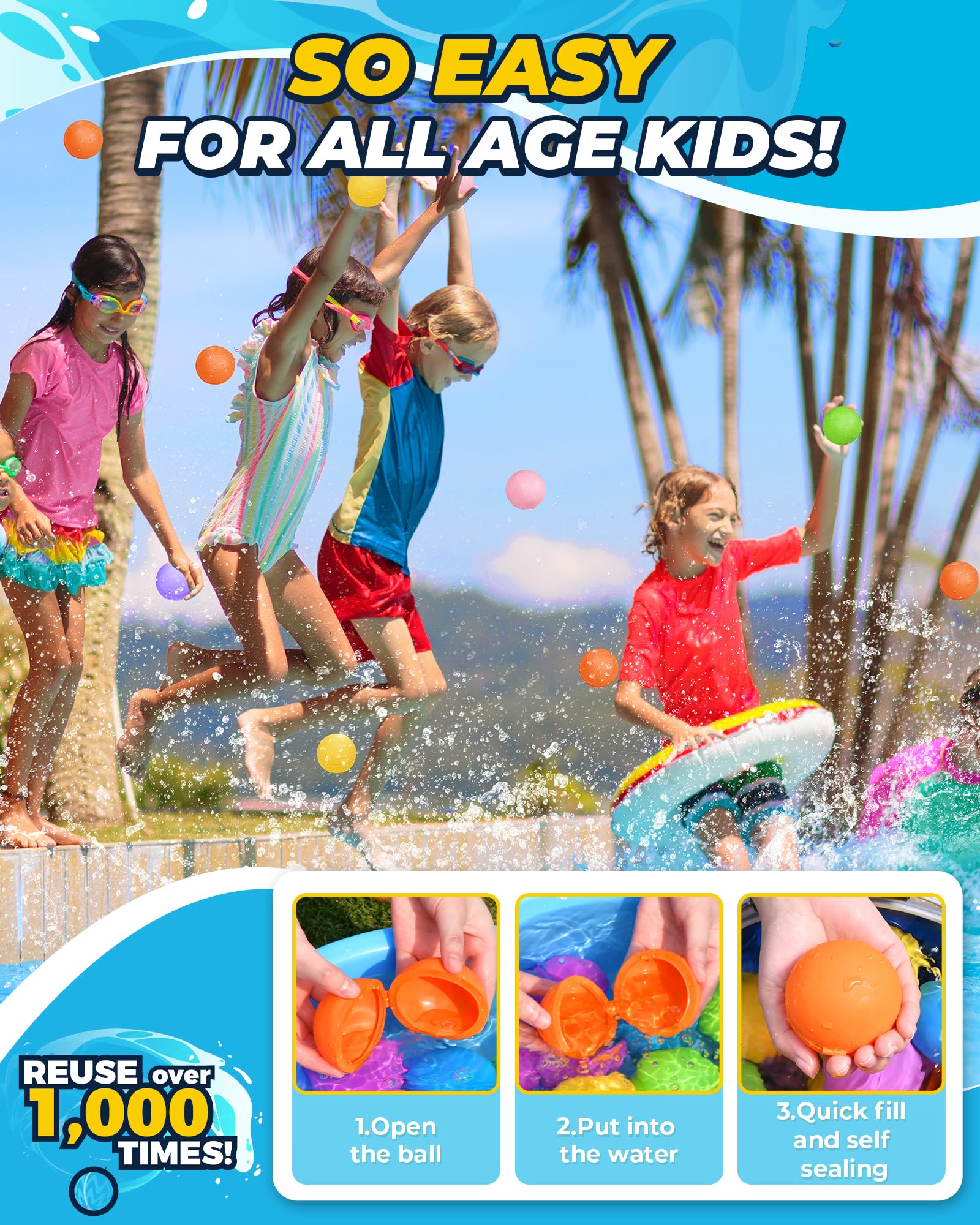 SOPPYCID Reusable Magnetic Water Balloons - 6 Pack Quick Fill Self Sealing Water Bombs for Kids & Adults - Fun Outdoor Summer Toys for Water Polo Fights, Pool Parties, Backyard Games, and Beach Activities - Includes Storage Bag