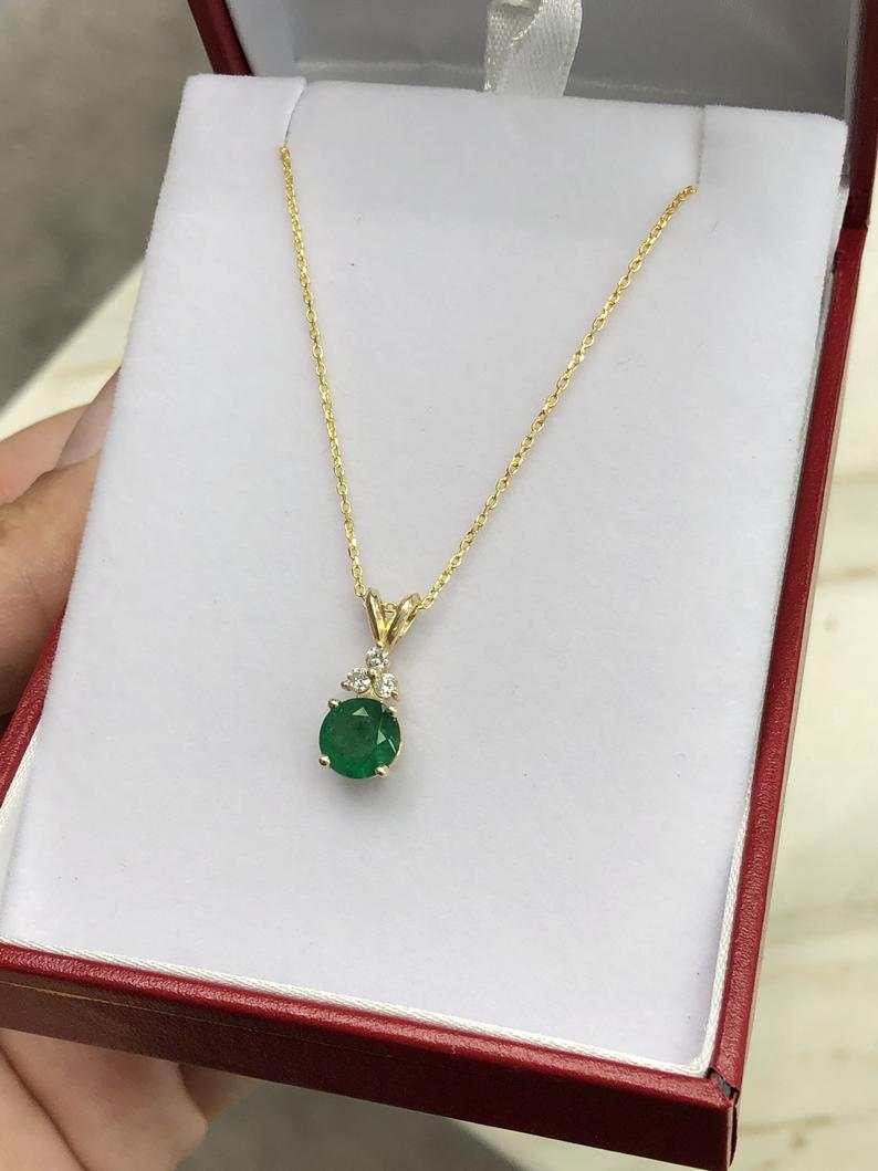 1.35tcw Round Dark Emerald and Diamond Accent Necklace in 14K Gold - Elegant Jewelry for Weddings, Anniversaries & Special Occasions